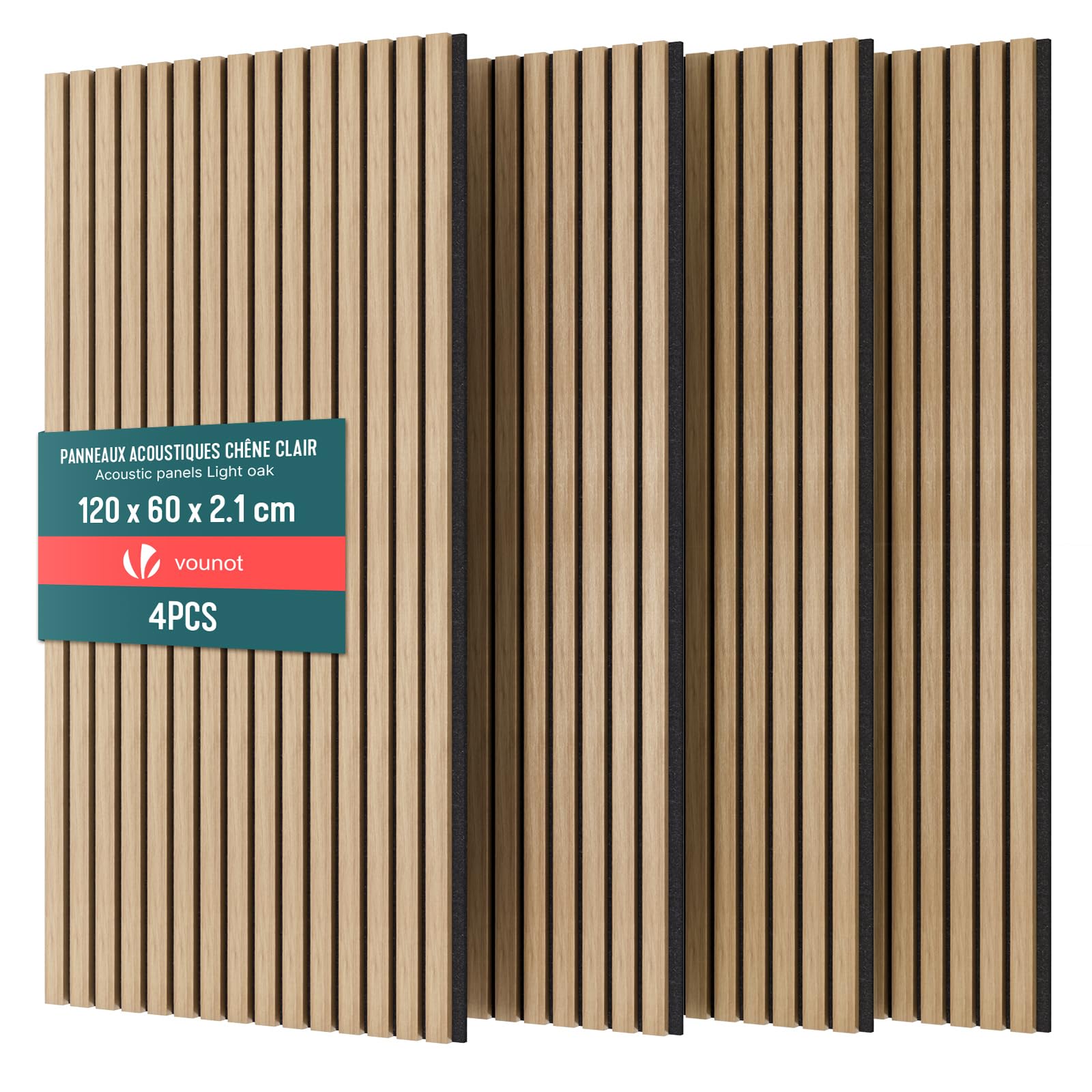 VOUNOT® 4x Paneles Acústicos Decorativos MDF 120x60x2,1cm con Fieltro Poliéster Insonorización Acústica Pared Absorción de Sonido Pared de Láminas Listones 3D para Salón Despacho Encimera Roble Claro