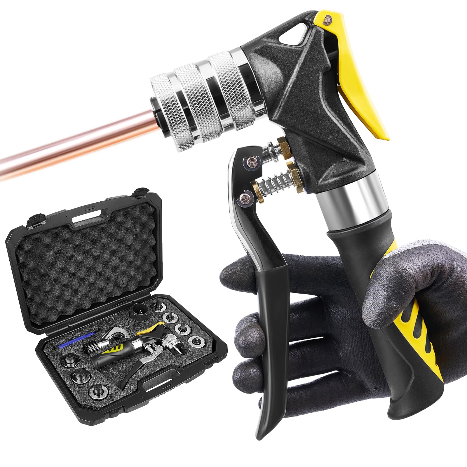 Hydraulic Pipe Expander Copper Tube Swage Tool Kit HVAC with Tube Cutter Deburring Tool and 7 Expand Heads for Expanding 3/8 to 1-1/8 Inches Pipes (Yellow)