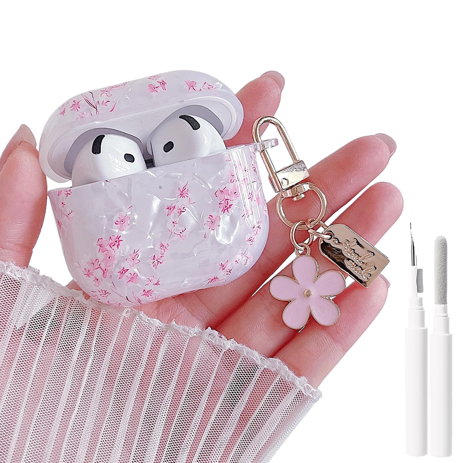 MINSCOSE for Girly Glitter AirPods 4 Clear Case,Cute Shell Pattern Flower Design with Trendy Floral Keychain,Soft TPU Protective Cover with Cleaner Kit for AirPods 4th Generation-Pink