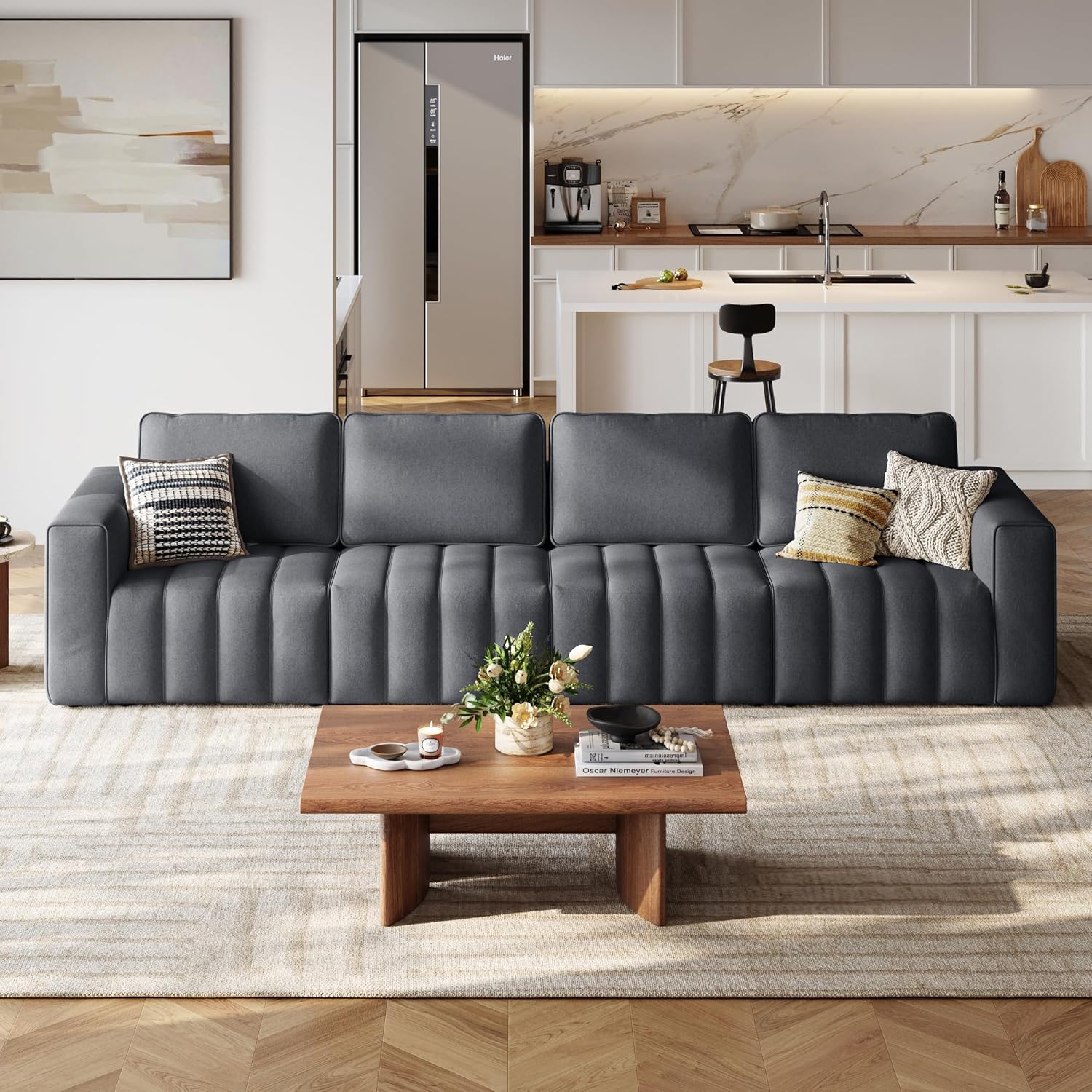 LINSY HOME 137" Modern Sofa Couches for Living Room, Modular Sectional Loveseat Sofa with Anti Cat Stretch Fabric and Metal Frame, Comfy 4 Seater Loveseat Oversized, Easy Assembly, Grey