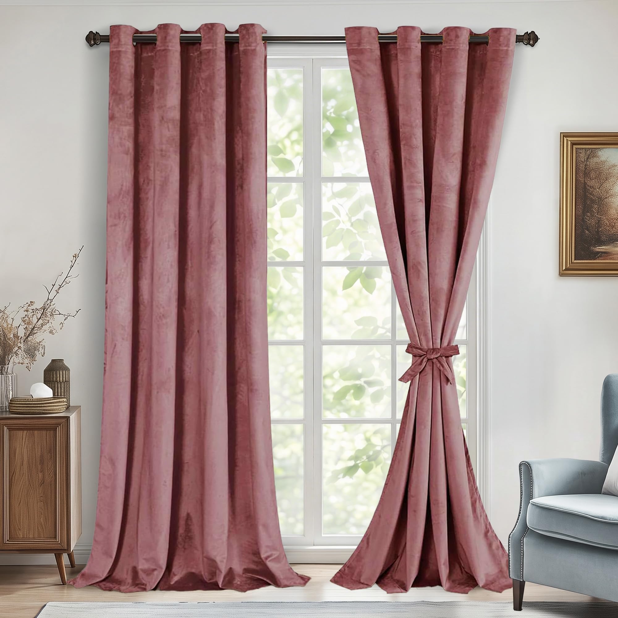 DWCN Velvet Curtains 120 Inches - Elegant Super Soft Tieable Window Curtains Panels Blackout Grommet Design Thick Fabric Window Dressing for Theater/Den/Dorm/Dining, Wild Rose, W52 x L120, 2 Panels — image 1