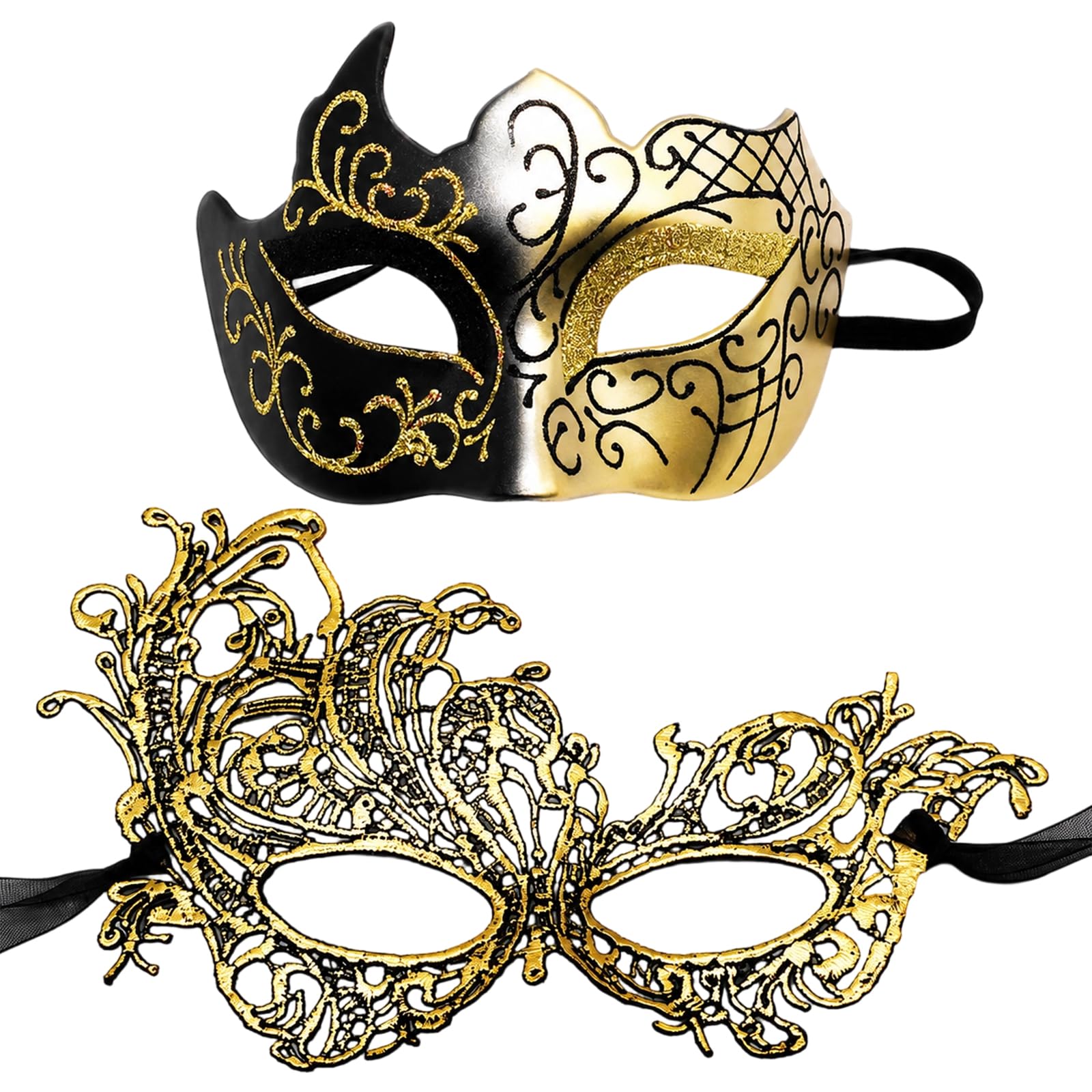 2 PCS Couple Masquerade Masks Half Face Lace, Golden Horn Mask with Phoenix Lace Design, Elegant Matching Set for Women Men, for Parties, Bars, Halloween, Venetian Carnival, Theatre & Wedding Receptio