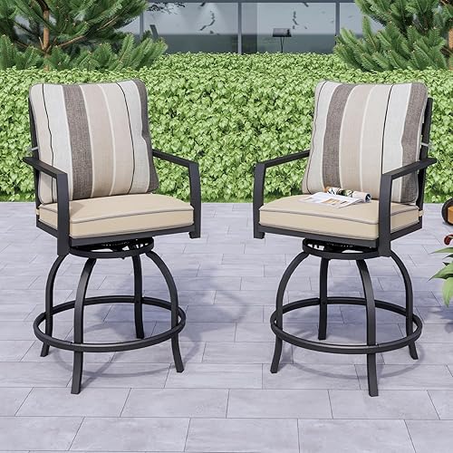 PatioFestival Juego de 2 taburetes de bar giratorios para exteriores, con altura de barra, con cojín y marco de acero para todo tipo de clima, color