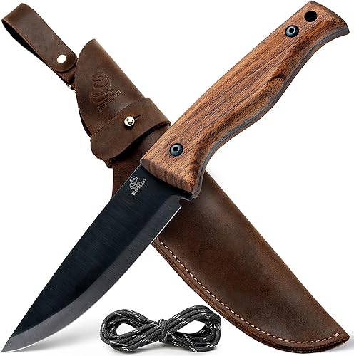 BeaverCraft Bushcraft Cuchillo de espiga completa con funda de cuero, cuchillo de acero al carbono para camping, cuchillos de supervivencia para