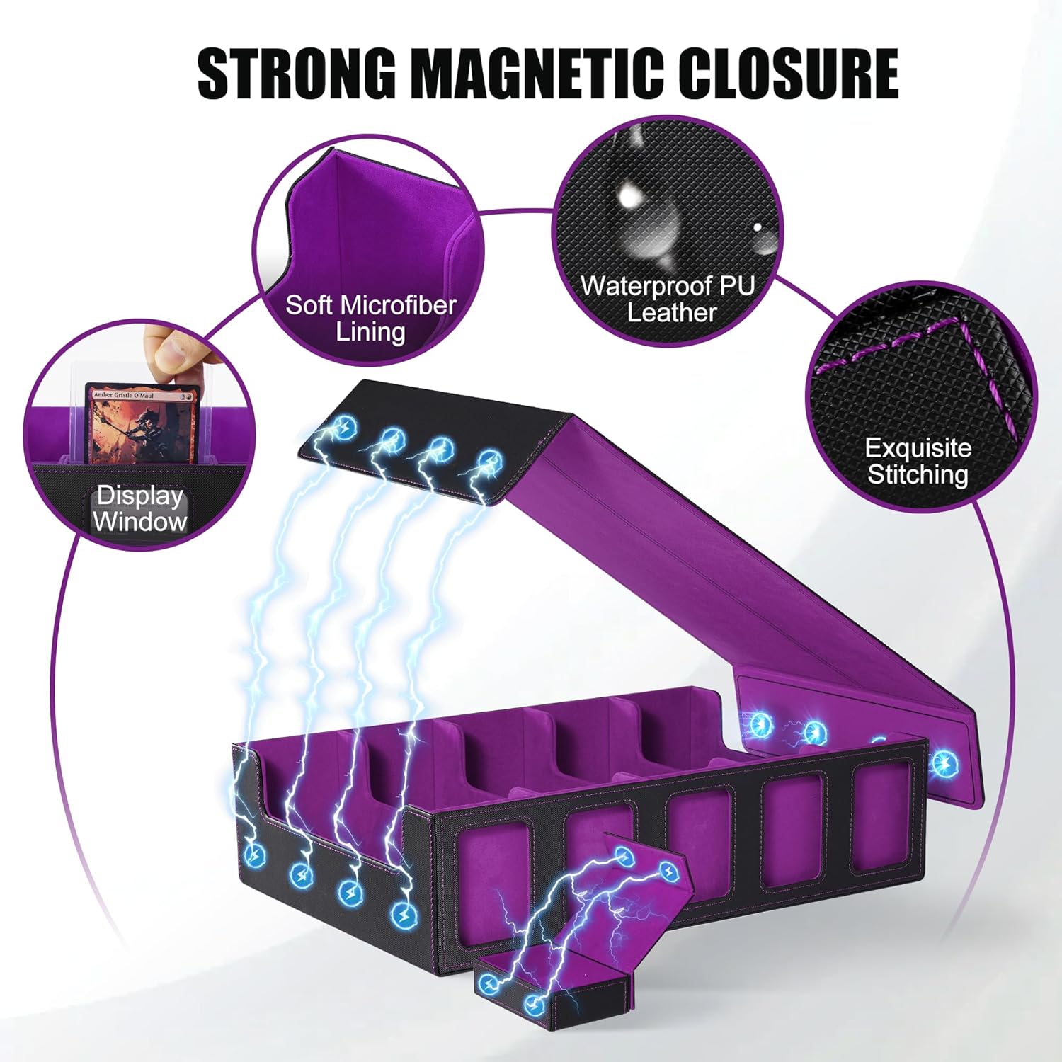 Trading Card Storage Box with Commander Display , 5-Row Deck Case with Removable Lid; 3900+ Card Deck Box for MTG TCG Sports Card, 5 Top Loaders, 5 Stoppers, 48 Dividers,1 Dice Tray (Black Purple)