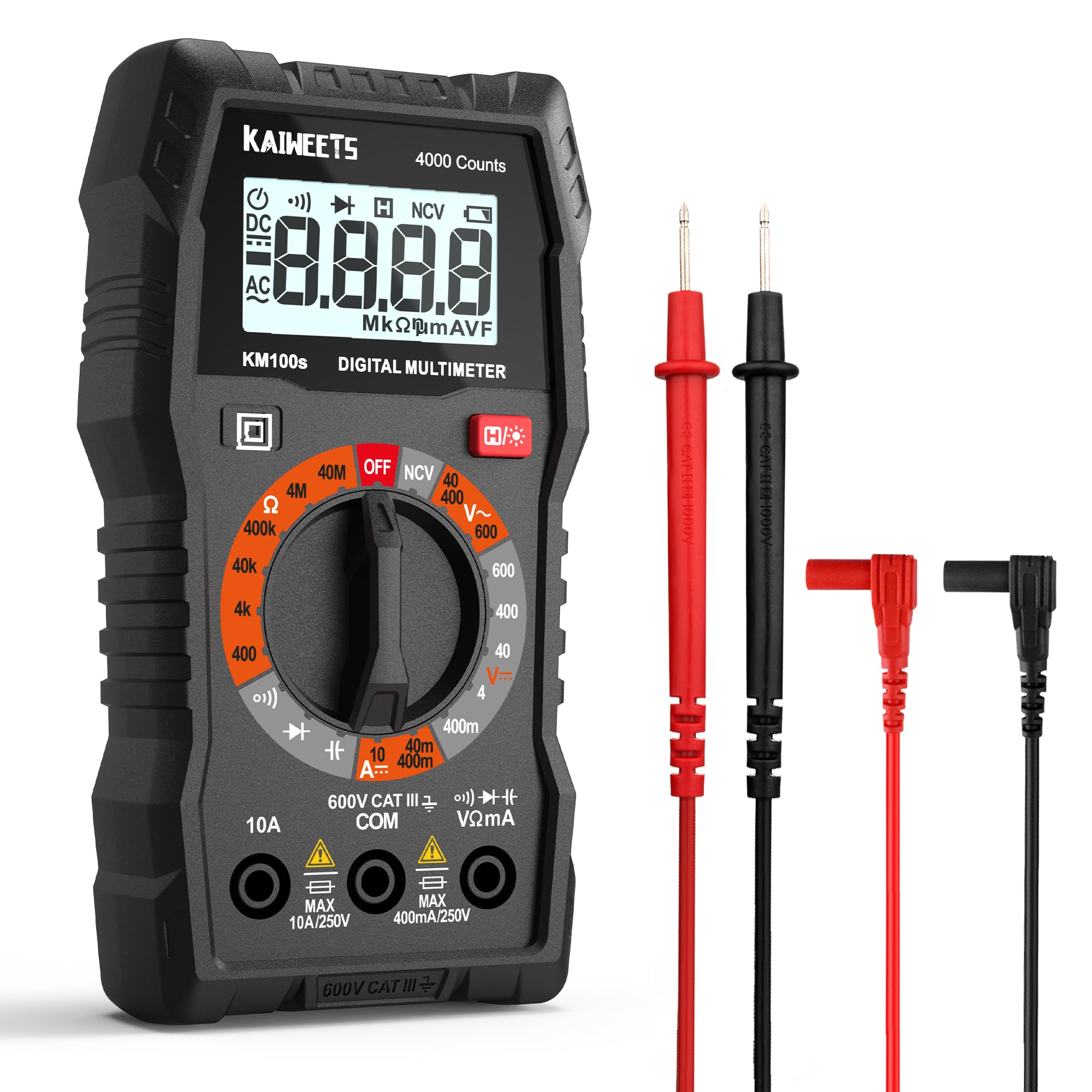 KAIWEETS Digital Multimeter 4000 Counts mit NCV – Für AC/DC Spannung, Strom, Widerstand, Dioden & Kapazität – Mit LCD Beleuchtung – Ideal für Elektriker, Kfz & Hausgebrauch Schwarz - KM100s