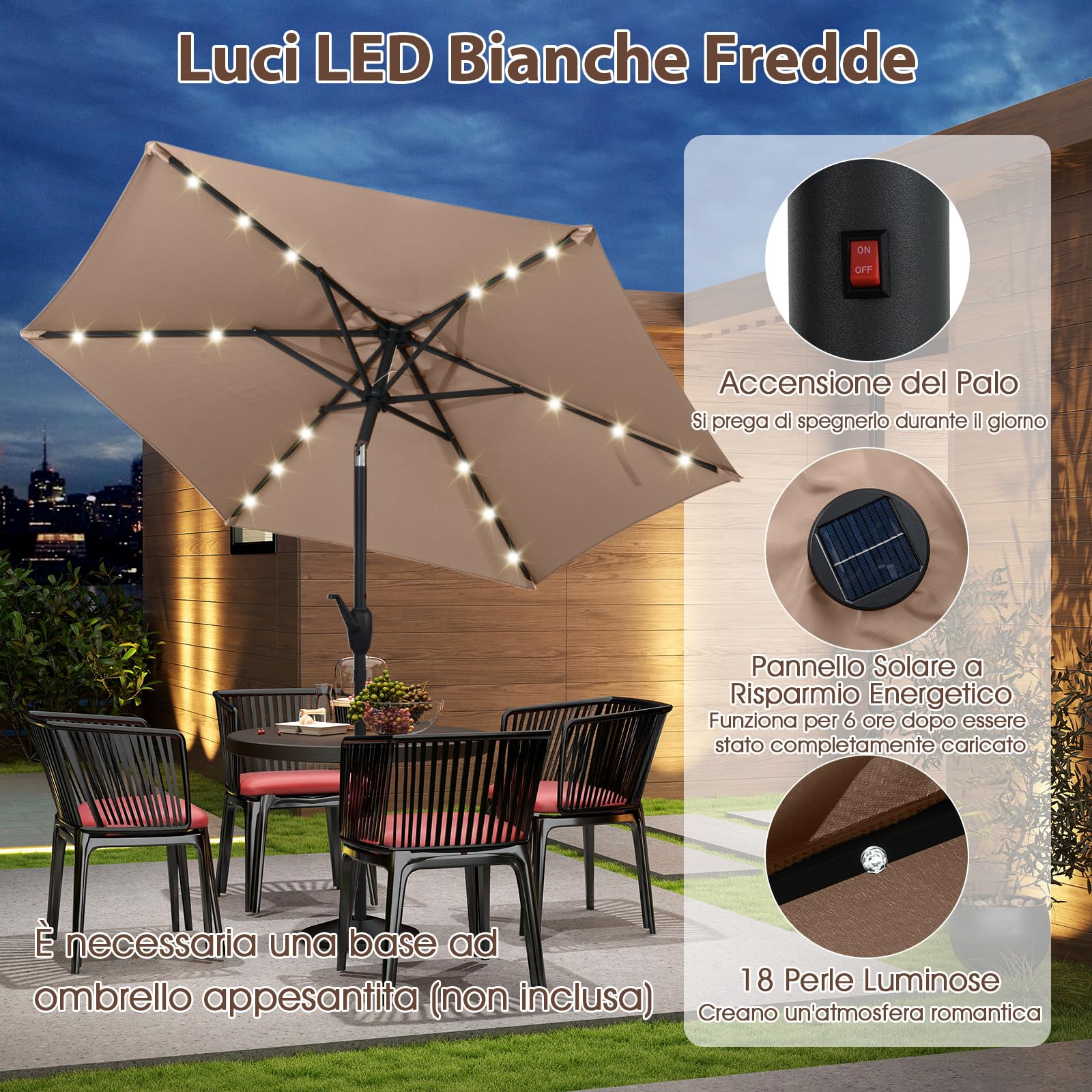 COSTWAY Ombrellone da Giardino 230 cm, Ombrello per Esterni con inclinazione Regolabile, 18 Luci LED, Manovella e Tettuccio Ventilato, Ombrello per Giardino, Cortile, Piscina (Marrone)