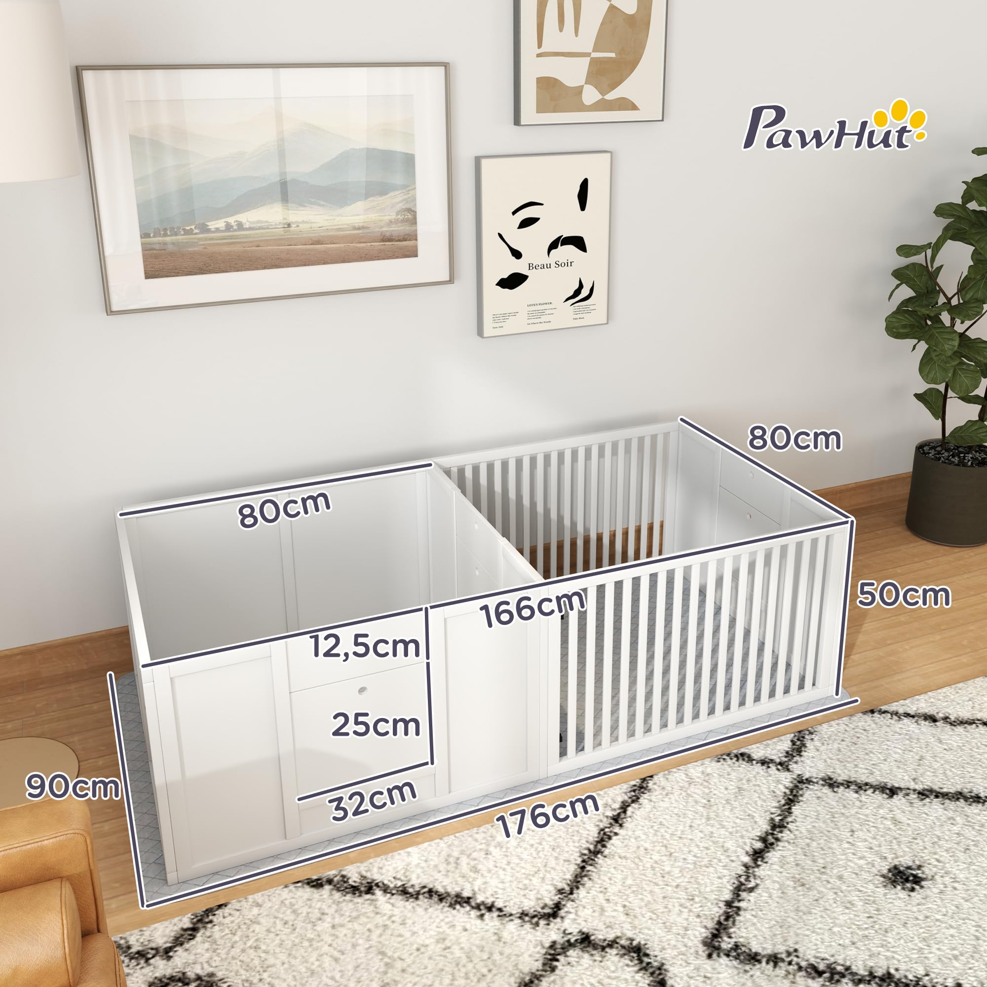 PawHut Caja para cachorros, caño para cachorros con alfombra impermeable, parque para perros con puerta, para perros pequeños y grandes, 160 x 80 x 50 cm, color blanco