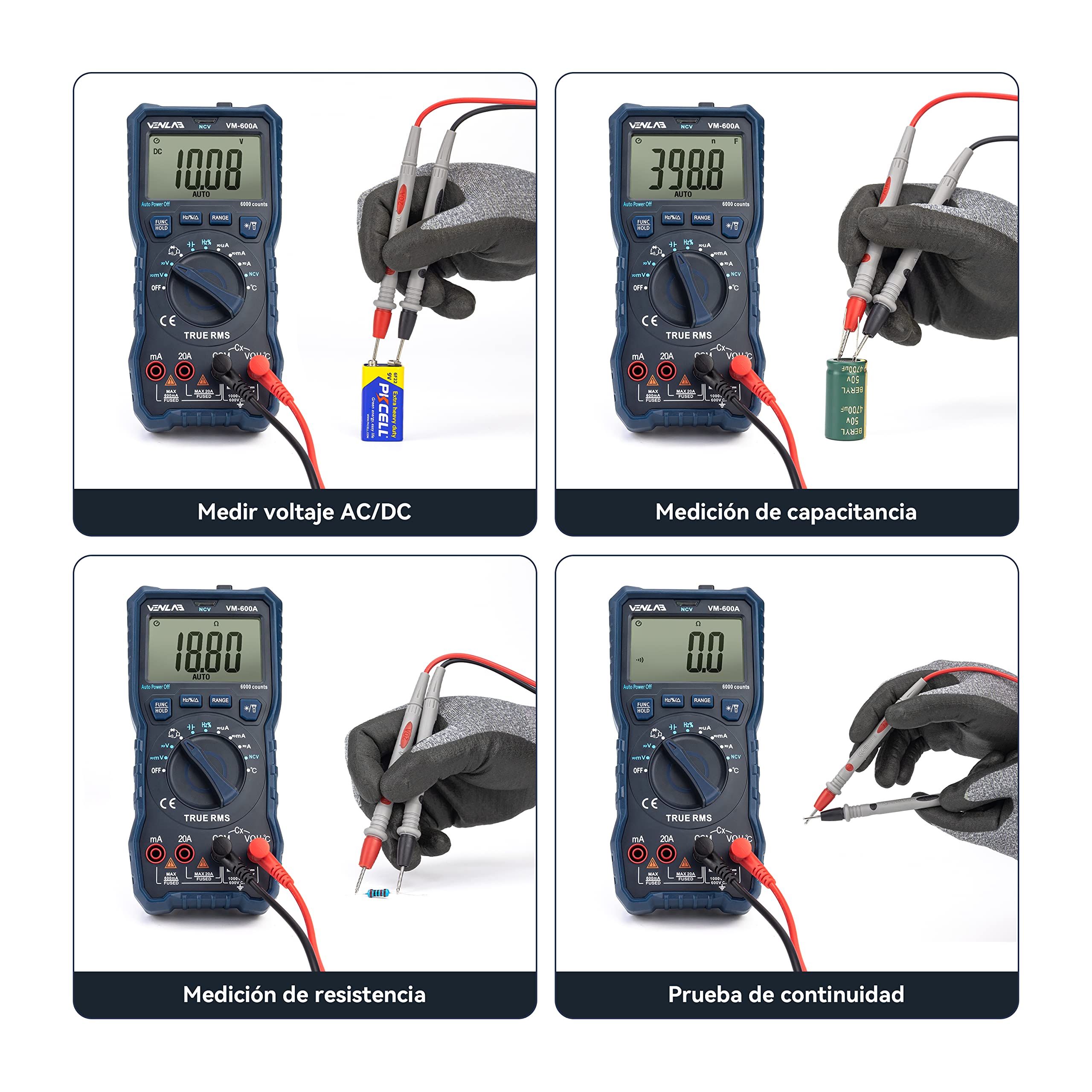 Multímetro digital VENLAB, Polimetro TRMS 6000 cuentas,Voltimetro, Mide Voltaje y Corriente CC/CA, Resistencia, Diodo, Continuidad, Ciclo de trabajo, Capacitancia y Temperatura, VM-600A