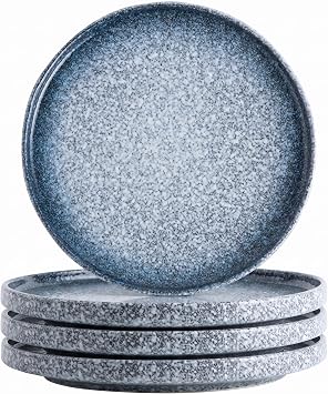 10.5" Ceramic Dinner Plates Set of 4, Stoneware Plates with Lipped Edges, Decorative Raised Rim Plates for Salad & Pasta, Microwave Oven Dishwasher Safe, Blue Mottled Glaze