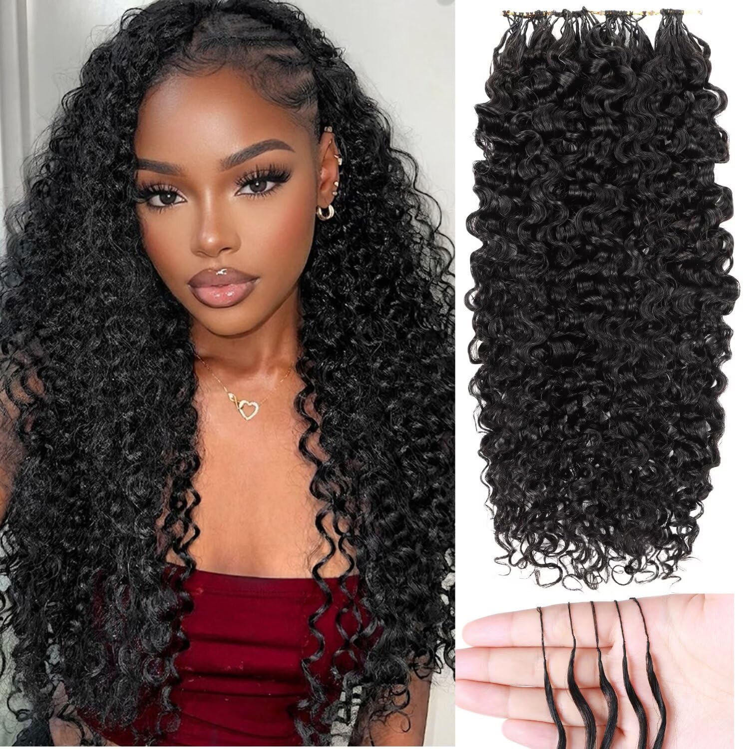 Miracle Invisible Knots Feather Human Crochet Hair 18 Inch 55g Pre-Looped for Burmese Curly (Open End) Natural & Bouncy Wave Invisible Seamless Knotless Soft BM Crochet Hair for Black Women (1B)