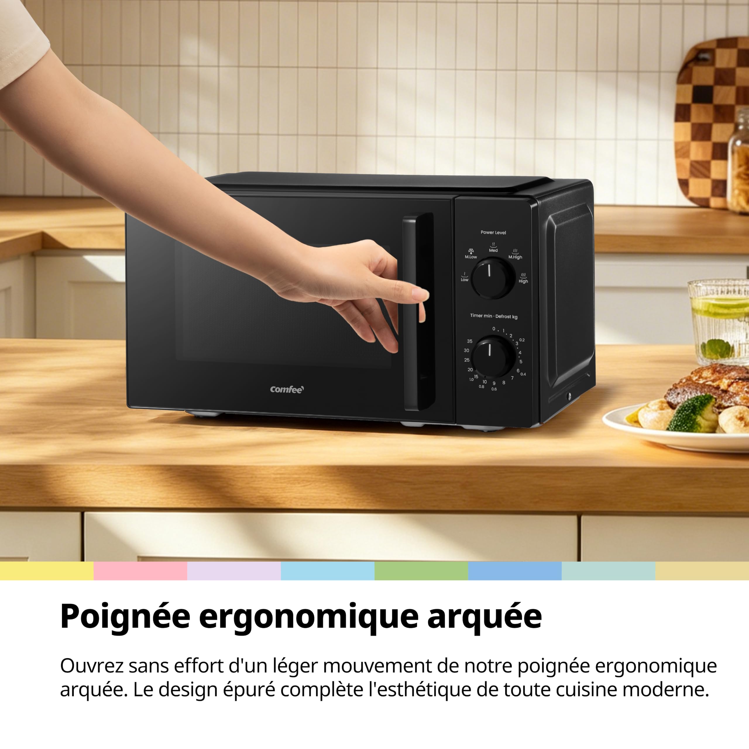 Comfee Four à micro-ondes compact 20 L CMO-MM20L2NFPE(BK), 700 W, Commandes manuelles par boutons rotatifs, 5 niveaux de puissance, Décongélation rapide, Grande fenêtre de visualisation, Noir