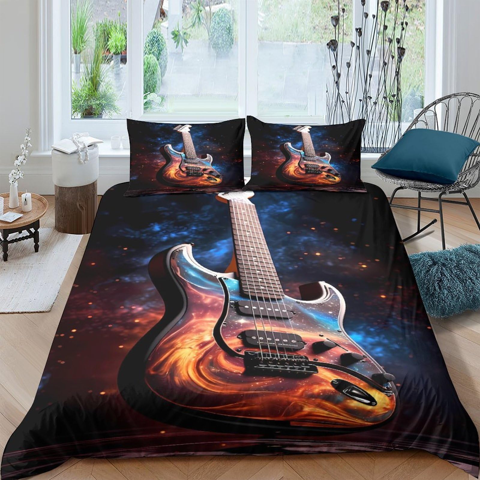Ctjqhvkz Style-2 3D Printed Fiery Electric Guitar Fitted Sheet Microfiber Soft Mattress Cover Bedroom Dorm Decor Easy Care Single（135X200cm）
