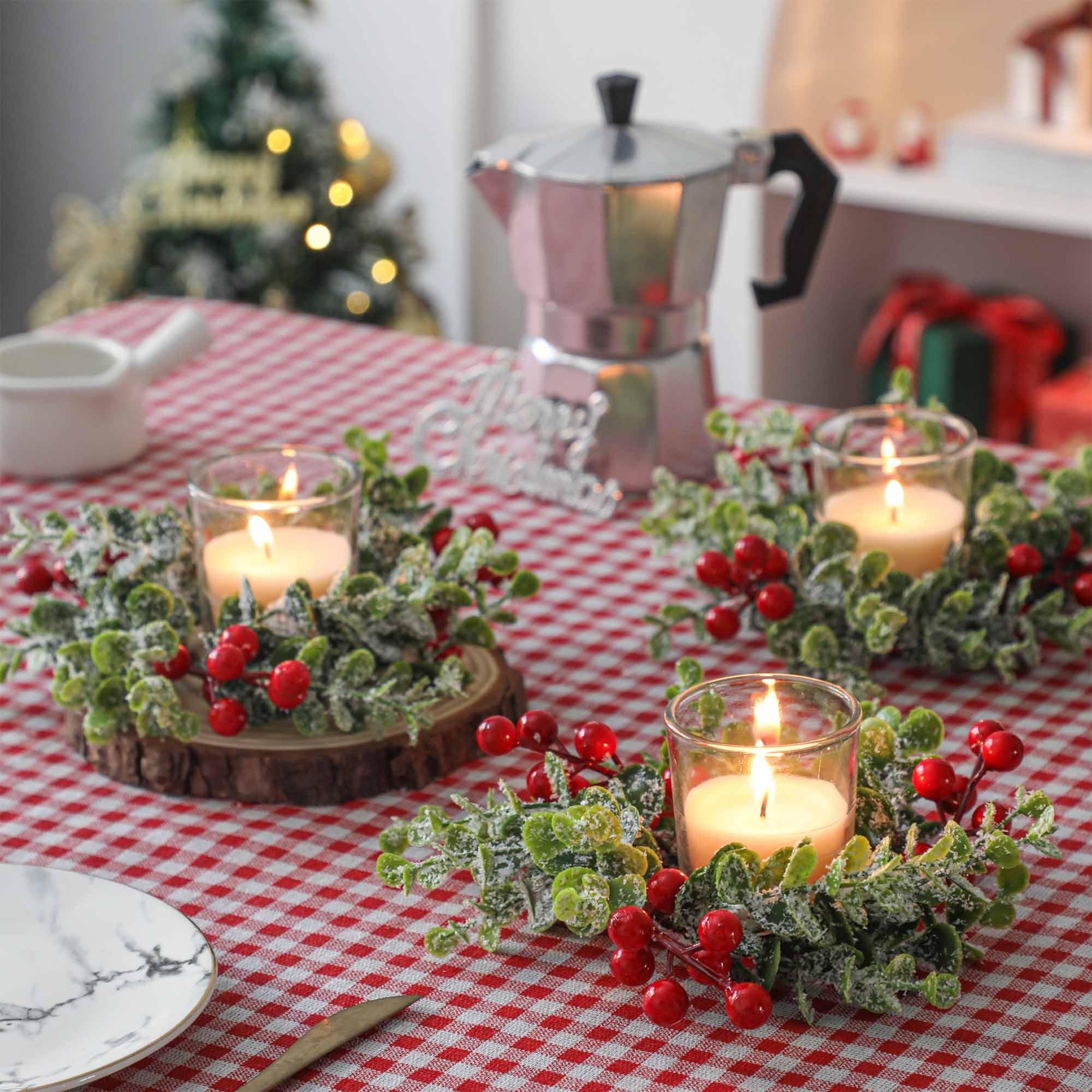 Christmas Candle Holder For Table Centrepiece Decoration Romadedi Rustic 4 Tealight Holders Mini Christmas Wreaths Wooden Tray Xmas Winter Dinner Table H - View #13