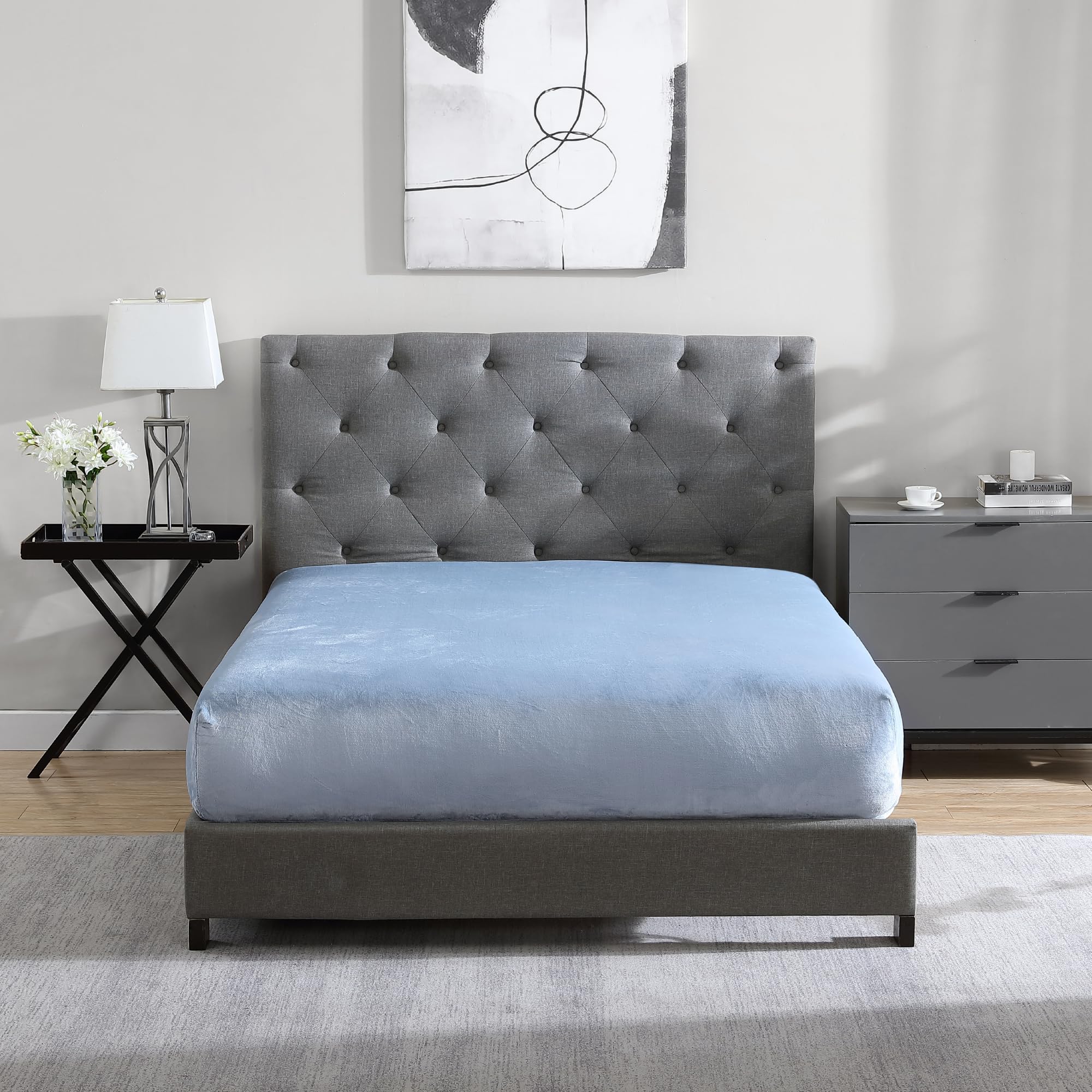 Cathay Home Queen Flannel-Plush Fur Fitted Sheet - Ultra Soft & Thick Plush Fur - All Season Cozy Warmth - 12" Deep Pocket Fitted Sheet Only (Queen, Blue Fog)
