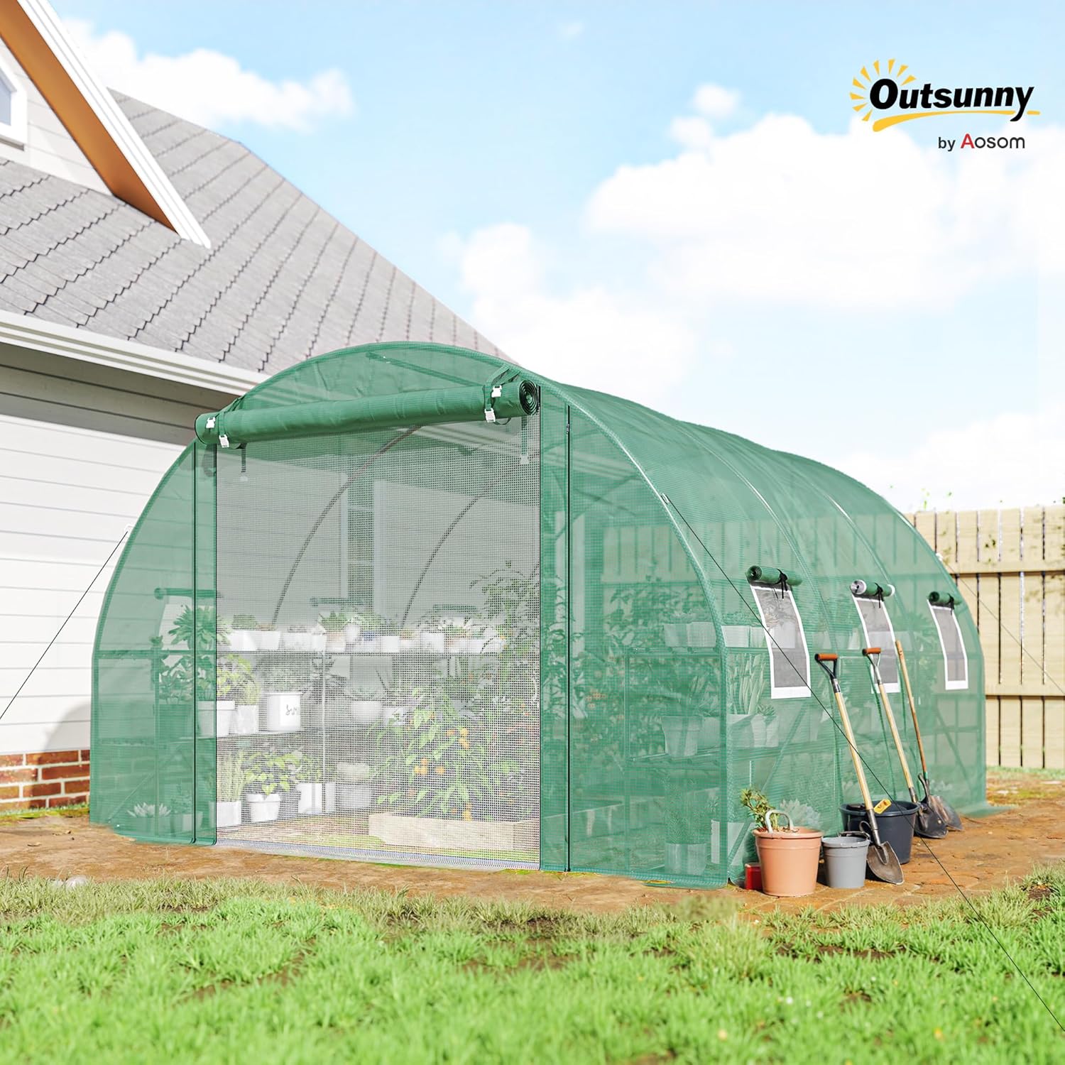 Outsunny 10'x11'x6' Walk-in Tunnel Greenhouse with Shelves, Mesh Door and Windows, Hoop House Greenhouse with PE Cover, Outdoor Green House for Patio Lawn Garden, Green