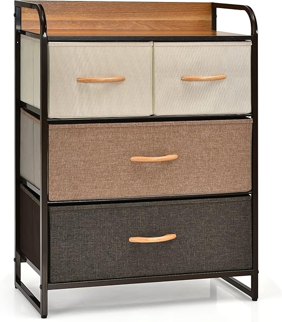 COSTWAY 4/5-Drawer Dresser, Fabric Chest of Drawers Storage Tower with Wooden Top, Metal Frame Cabinet Organiser Unit for Bedroom, Living Room, Closet and Hallway (Multicolor, 2 Large+2 Small Drawers)