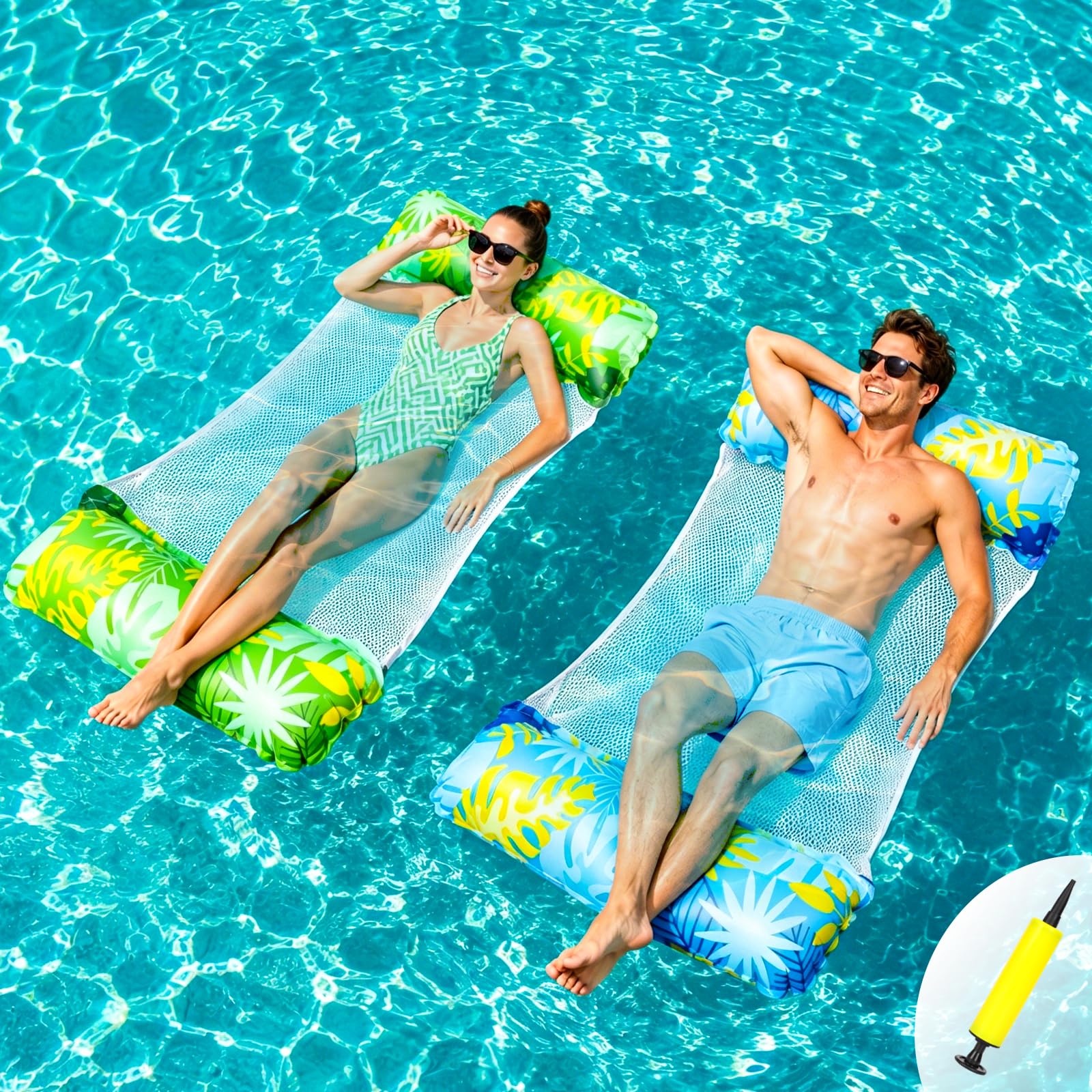 Pool Hammock Floats Adults 2 Pack, 4 IN 1 Multi-Purpose Inflatable Swimming Pool Floats Water Hammock, PVC Material Pool Toys, Inflatable Hammock Lounger Floaties with Air Pump (Blue+Green)