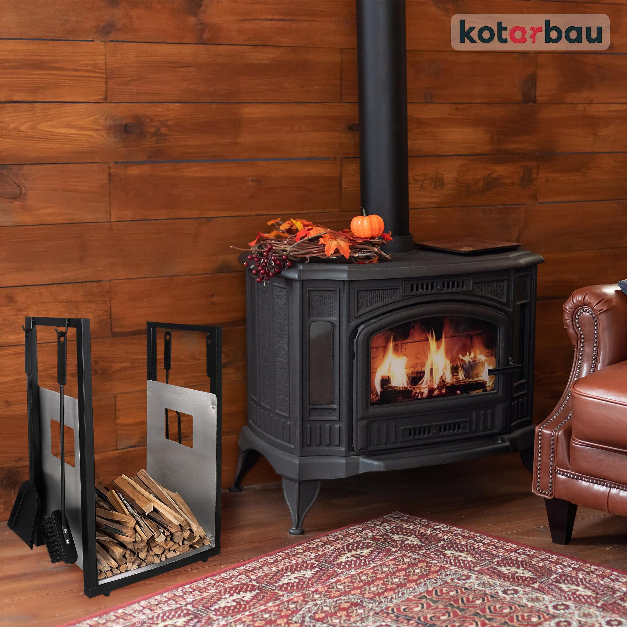 KOTARBAU® Kaminholzregal Innen Modern Ofenbesteck Kaminbesteck Schaufel Besen Kaminzange Schürhakenfür Brennholzregal Holzständer für Kaminholz Brennholzkorb Holzlager