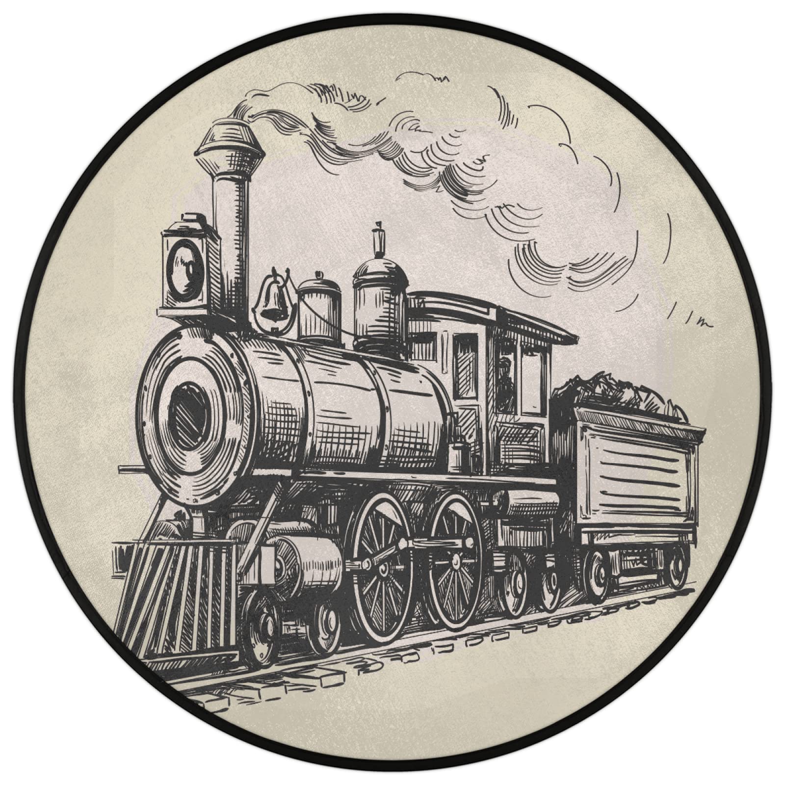Tapis rond rétro de 91,4 cm, lavable en machine, motif train à vapeur, antidérapant, doux, pour salon, chambre d'enfant, chambre d'enfant