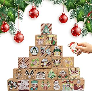 24 Pcs DIY Christmas Empty Advent Calendar 2024, 24 Days Cute Kraft Paper Christmas Cardboard Number Boxes Christmas Countdown Calendar Advent Xmas Gift Box for Kids Holiday Decor