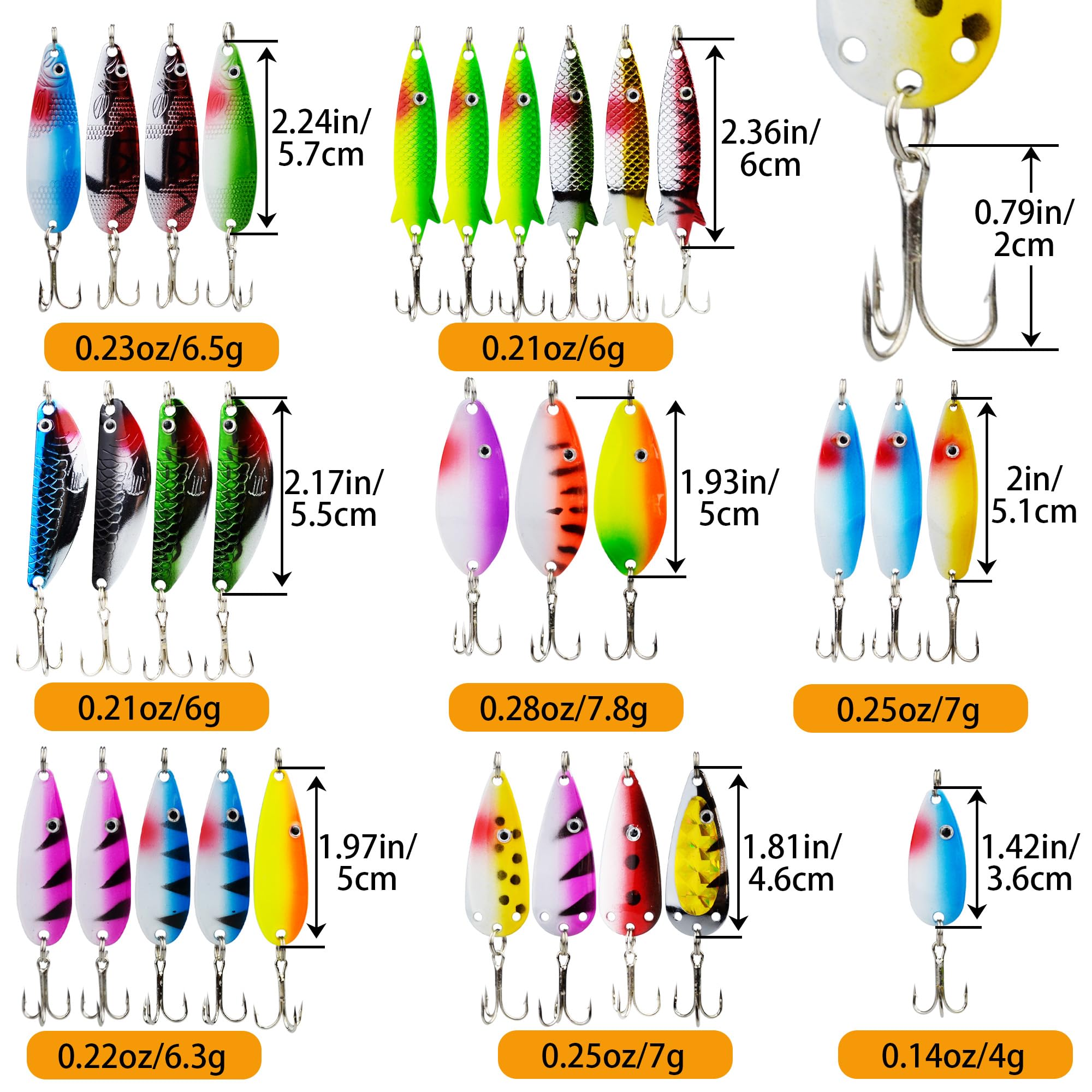 Fishing Spoon Lures Kit, 30pcs Hard Fishing Spinner Baits Spoon with Sharp Treble Hooks,Jigging Swim Bait Metal Spoon Bait