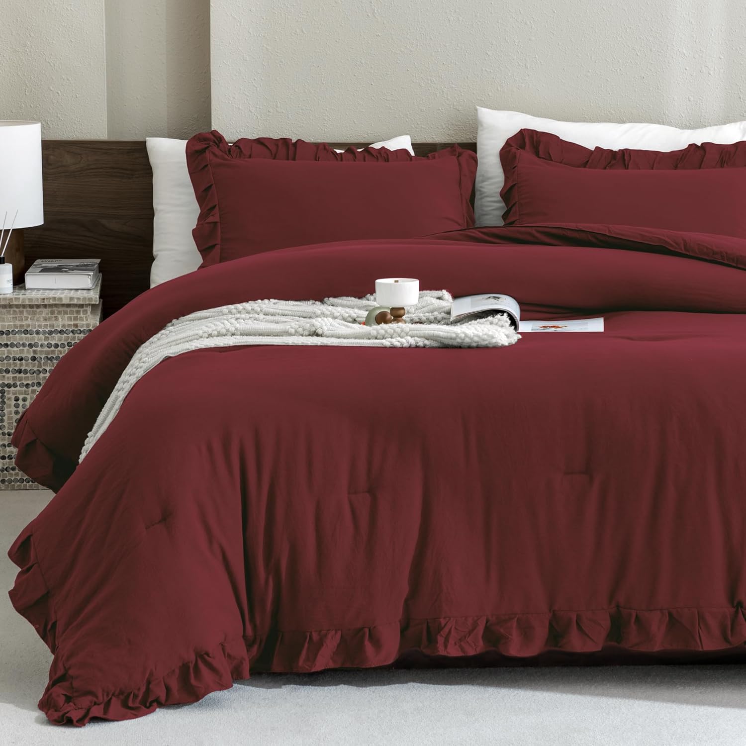 Andency Burgundy California King Comforter Set, 3 Pieces Cal King Ruffle Farmhouse Shabby Chic Comforter, Oversized All Season Lightweight Soft Microfiber Bedding Comforter (104x96Inch)