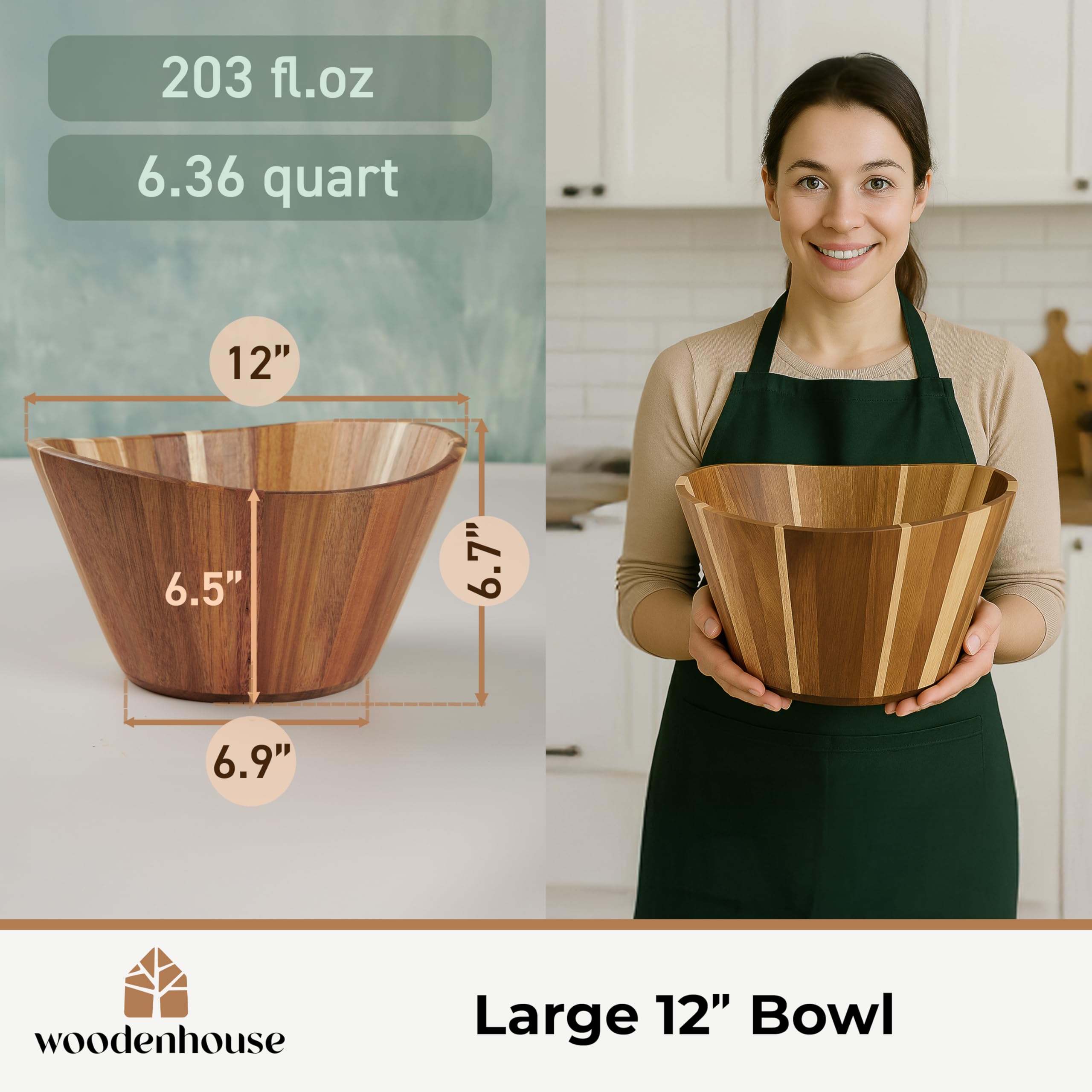 Woodenhouse - Ensaladera de madera, cuenco de fruta, grande y ondulado de 12 pulgadas para servir, hecho a mano, duradero y elegante, accesorio de comedor de madera natural 3