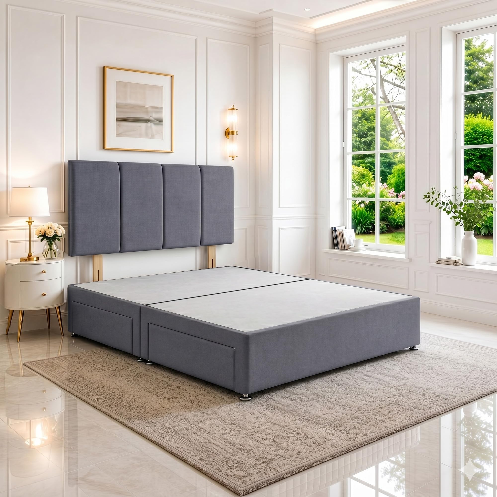 SANA SLEEP Small Double Divan Bed with Headboard & 2 Storage Drawers โ Plush Sierra Grey Fabric, 4FT UK Made, Bedroom, Guest & Kidsโ Room