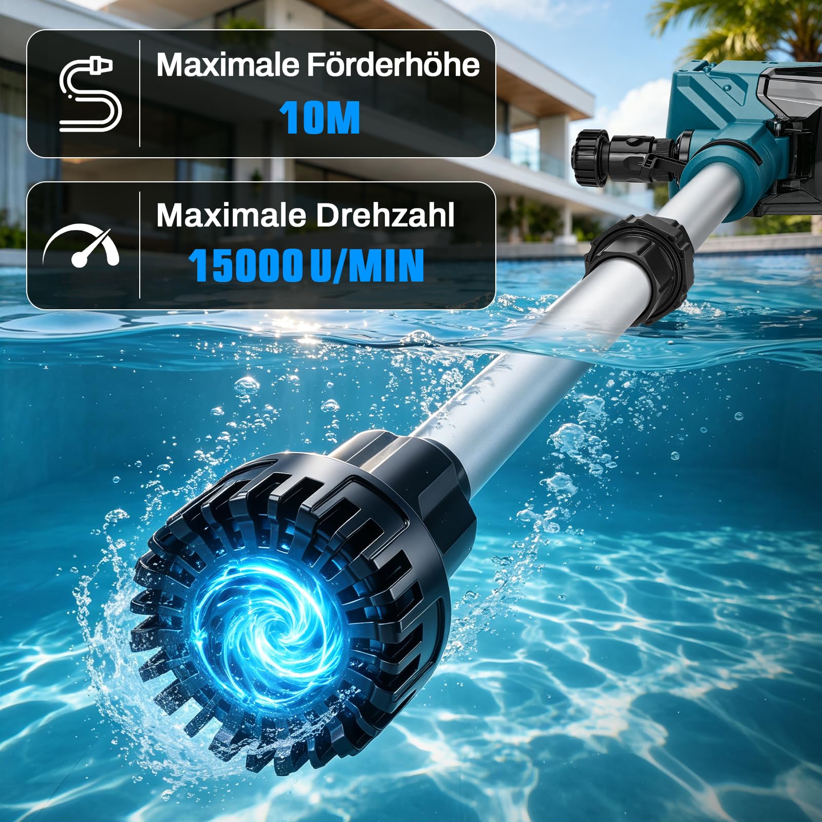 Akku Regenfasspumpe, 3600 L/h, 10m Förderhöhe, 2 x4.0Ah Akkus, Bürstenlos | mit Gartensprühdüse & 2m Schlauch, Kabellose Wasserpumpe Akku Tauchpumpe Kompatibel mit Makita 18V für Pool/Gärten/Teiche