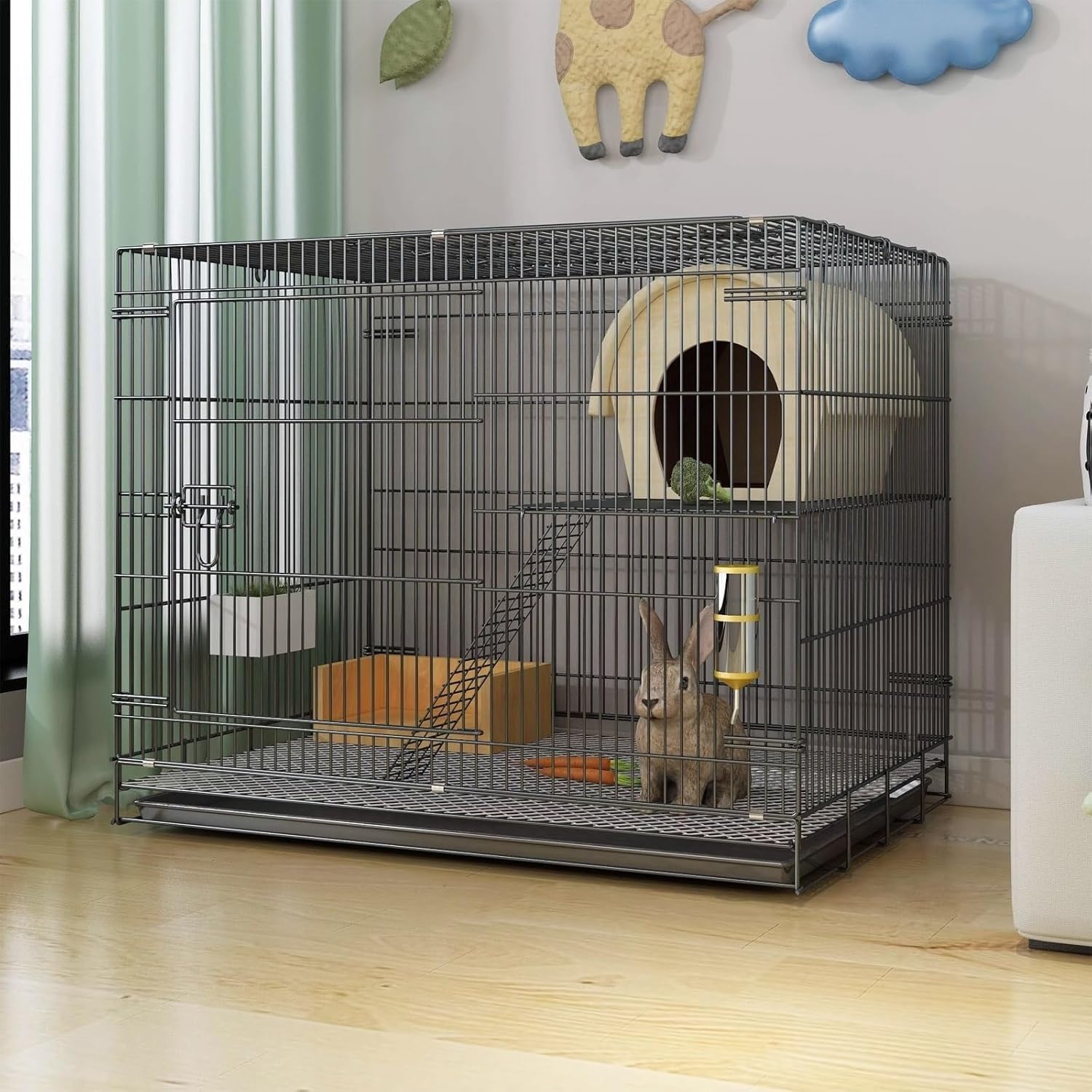 Cage lapin intérieur sécurisée anti-évasion à structure métallique noire