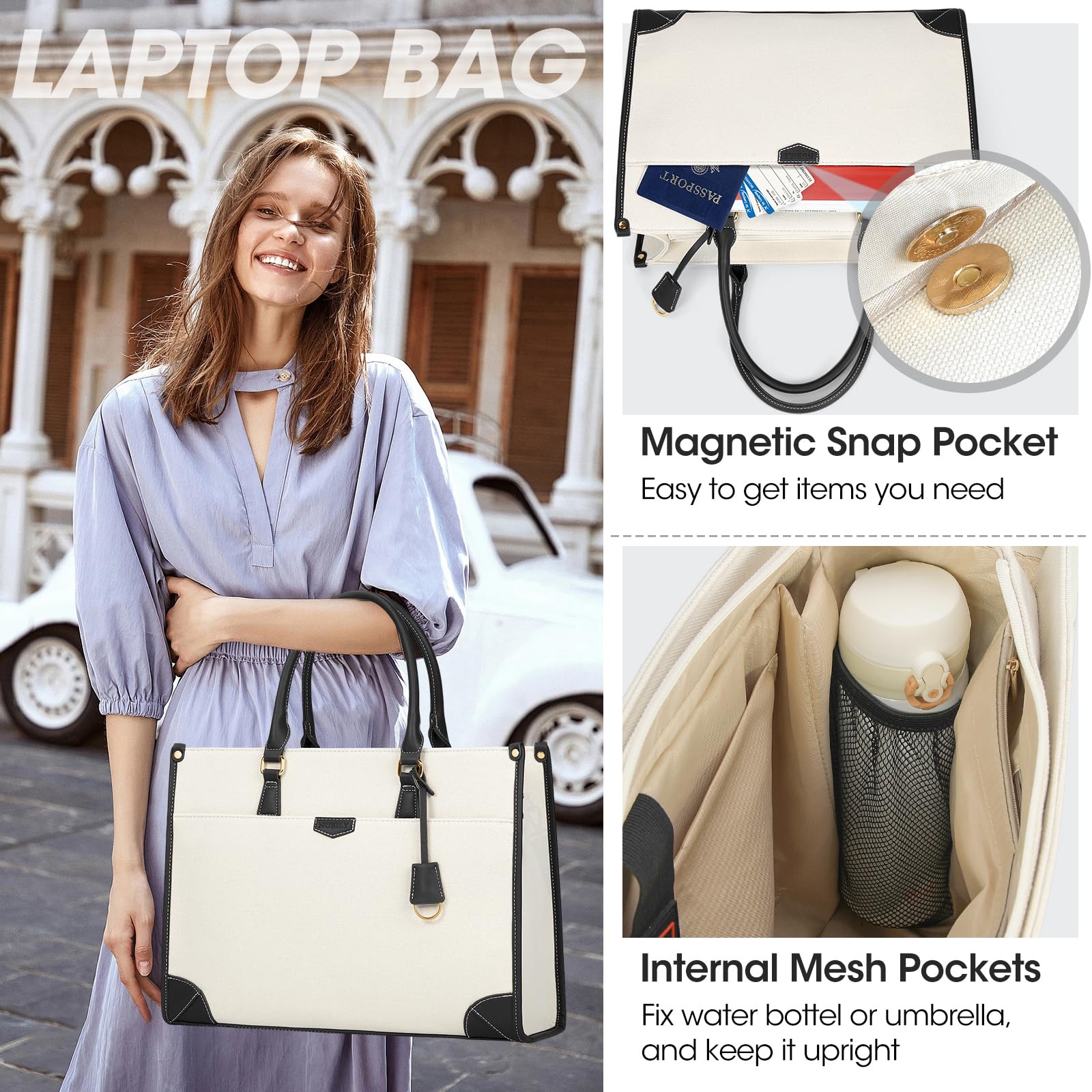 IGOLUMON Bolso de Mujer Grande Bolso Universidad Mujer Impermeable Bolso Portatil Ordenador Mujer 15.6 Pulgadas Tela de Vela Bolso Shopper Bolsa Tote para Oficina Trabajo
