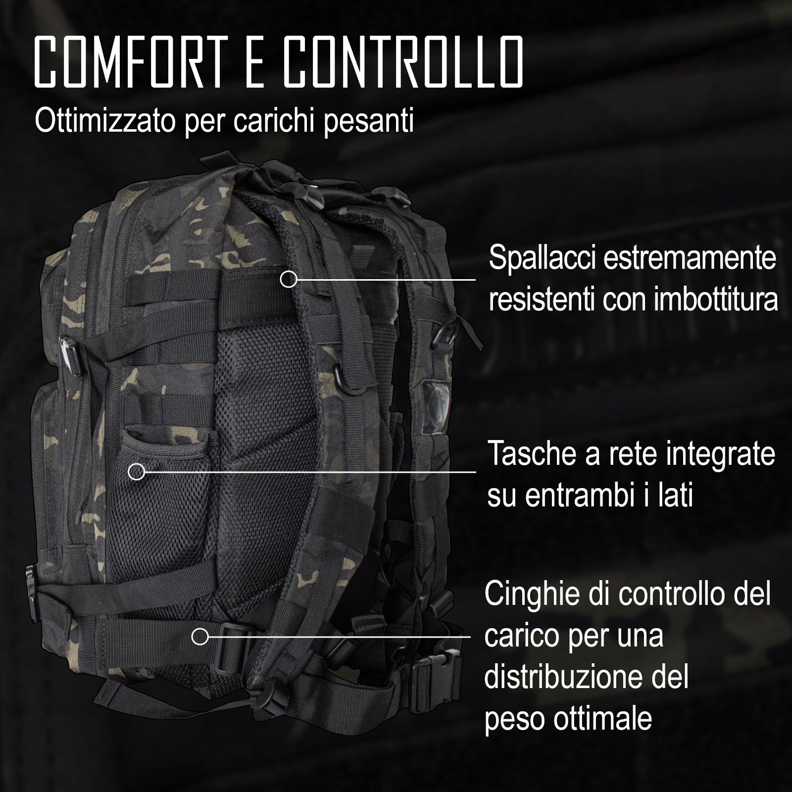 Strength Shop Zaino Militare con sistema Molle integrato, 45L, zaino crossfit con schienale imbottito & tasconetto per borracce, zaino tattico militare per attività outdoor.