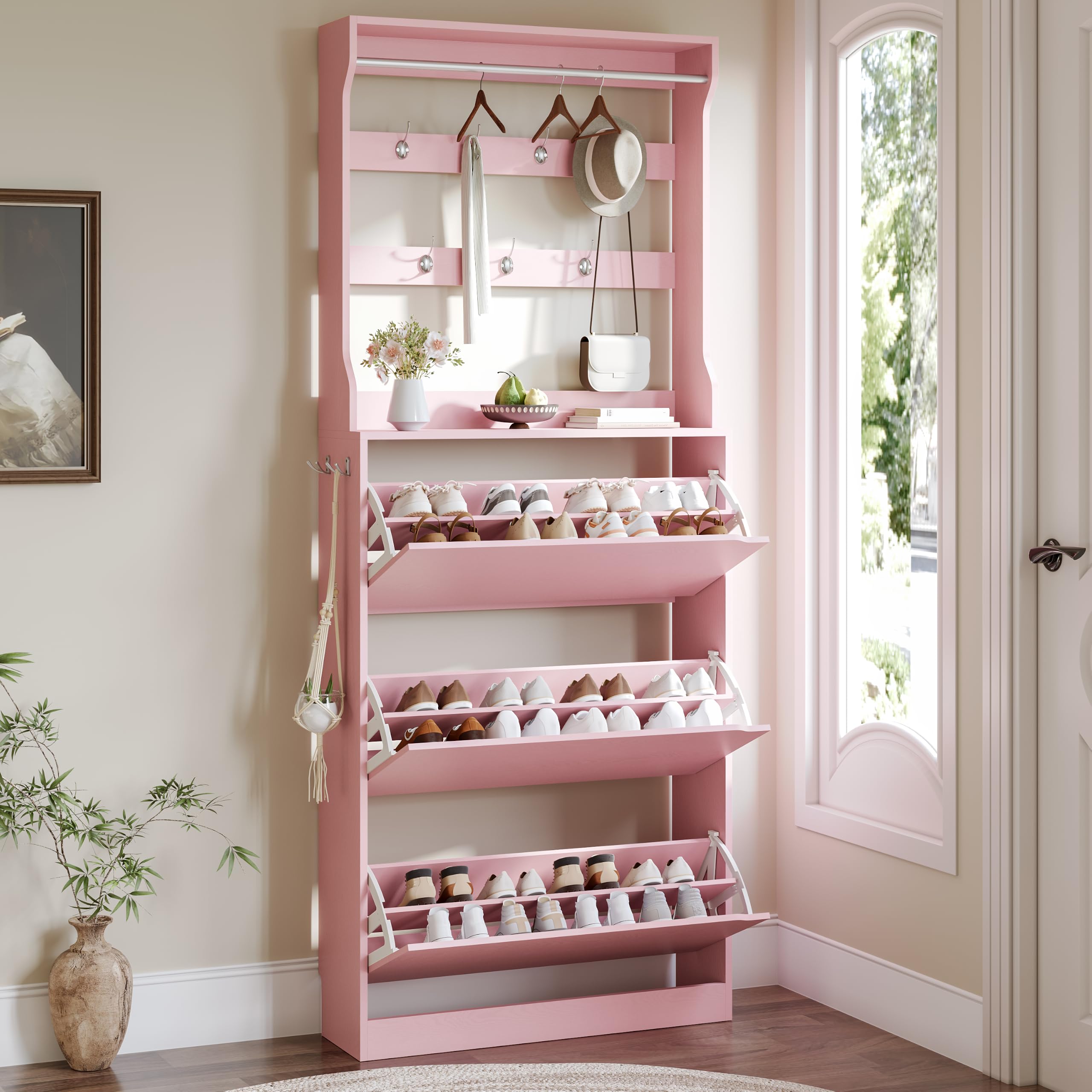 Shoe Cabinet for Entryway with 3 Flip Drawers, Pink Tall Shoe Storage Cabinet with Coat Rack, Wood Narrow Slim Hidden Freestanding Shoe Rack Organizer, 2 in 1 Hall Tree for Living Room, Hallway
