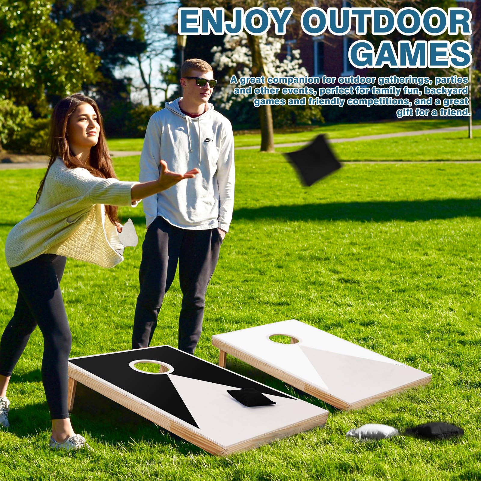 Solid Wood Cornhole Game Set, 2 Portable 3 x 2 ft Cornhole Boards, 8 Bean Bags, Indoor & Outdoor Lawn Toss Games Activity (Black+White, 3 x 2 ft)