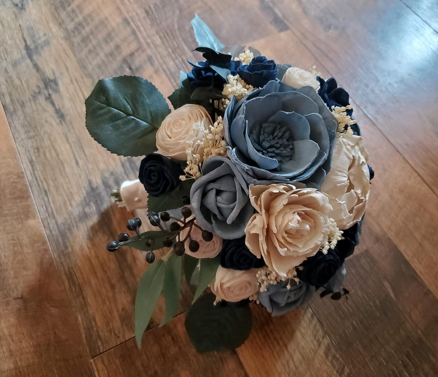 Navy Dusty Blue White Bridal Bouquet, Dusty Blue Navy Sola Wood Flower Bouquet, Dusty Blue Navy Wedding Flowers, Blue White Bridal Bouquet