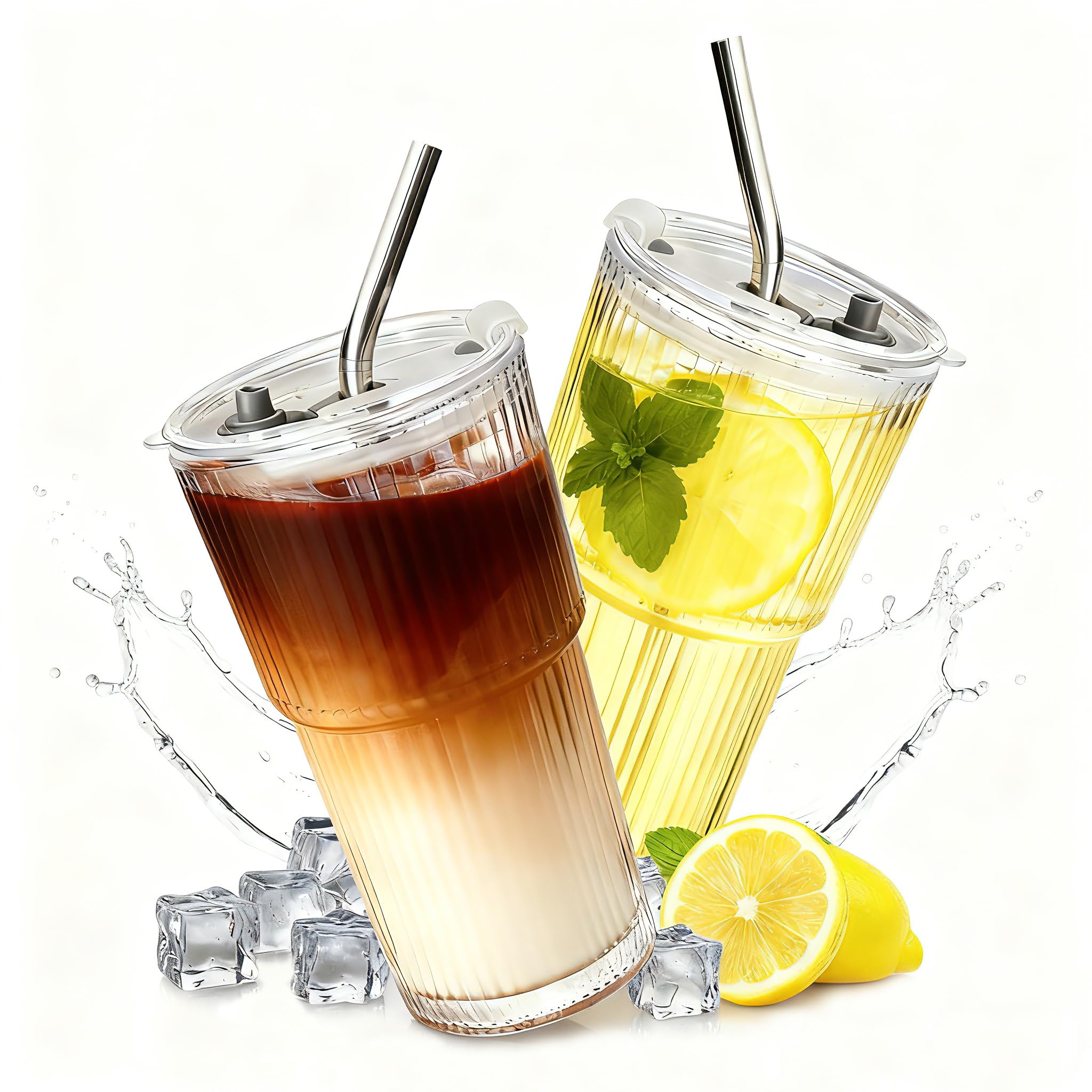 Photo 1 of 2 Packs Ribbed Glass Tumbler with Lid and Straw 16 oz Cute Ice Coffee Cup Set for Smoothie Juice Matcha Tea Latte Cappuccino Espresso Hot Coffe Water Reusable Clear Travel Mug Aesthetic Drinking Mug