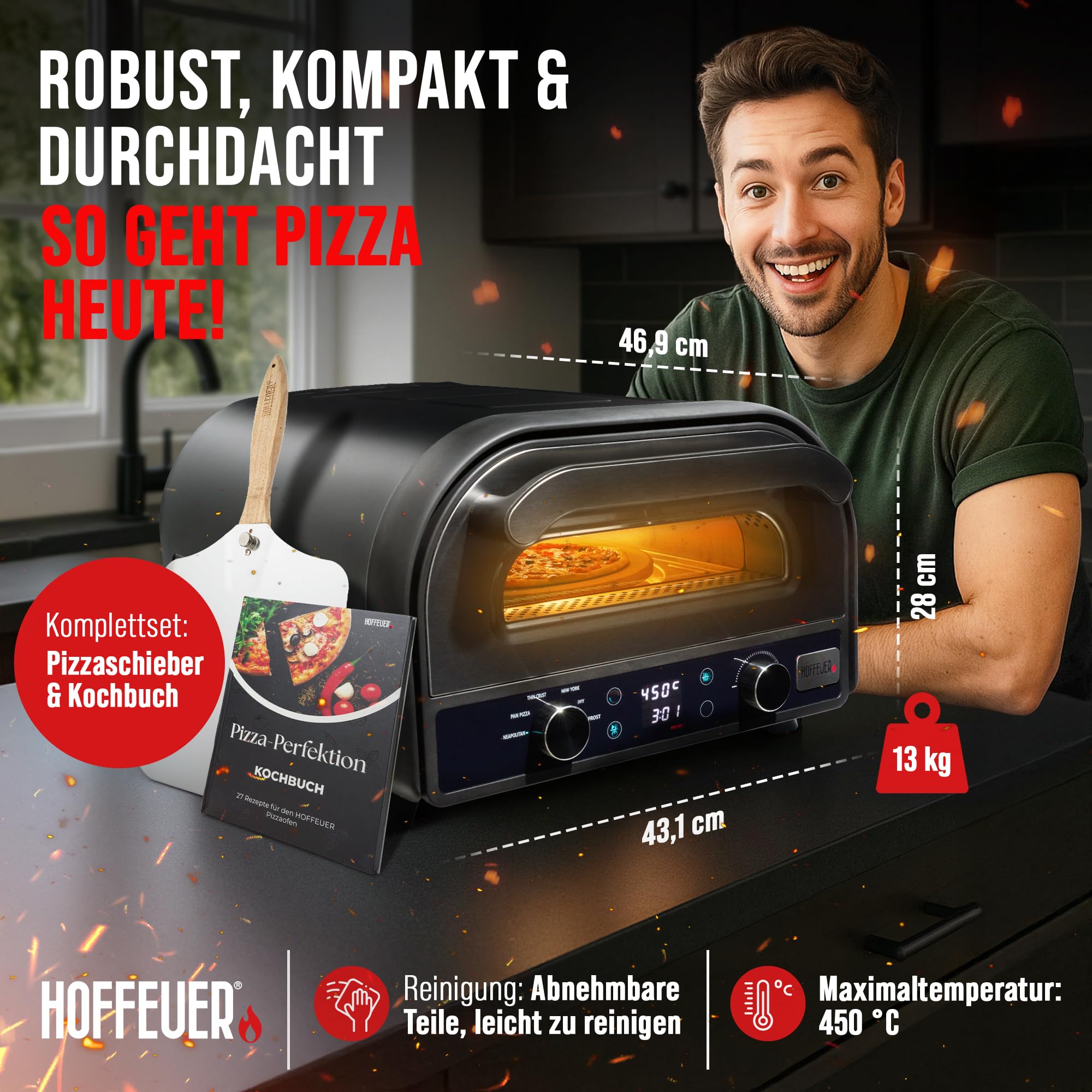 Horno eléctrico para pizza – Horno eléctrico profesional para pizza para el hogar con piedra para pizza, función giratoria y accesorios | Pizza como del horno de piedra, horno para tartas