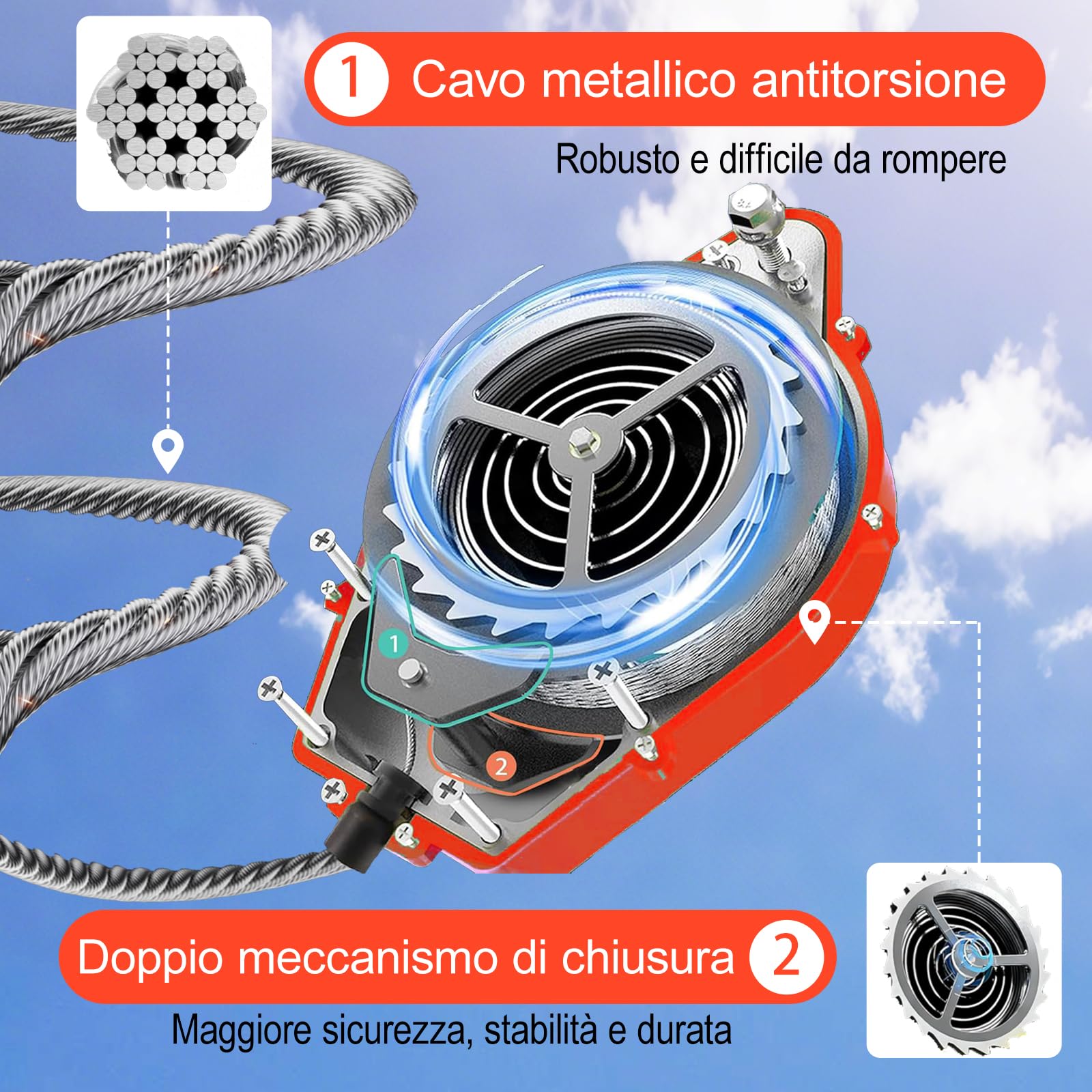 Dispositivo Anticaduta Retrattile, 200 KG Dispositivo Anticaduta Tetto con Doppia Serratura, 10/15/20m Rosso Kit Imbracatura Anticaduta Tetto e Lavoro Aereo (10m) | Bloccaggio rapido e smorzamento degli urti in caso di caduta