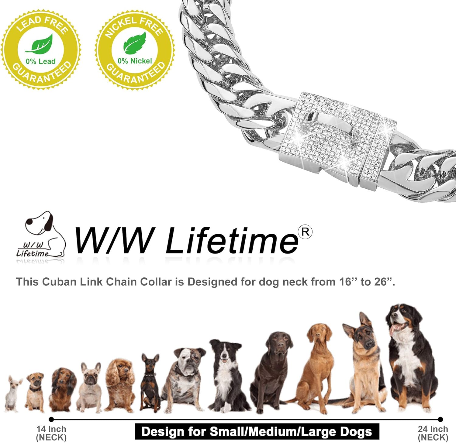 Dog Chain Collar Walking Metal Chain Collar with Design Secure Buckle, Silver Cuban Link 16MM Strong Heavy Duty Chew Proof for Dogs (12"(Suits Dog Neck 10" to 11.5"))