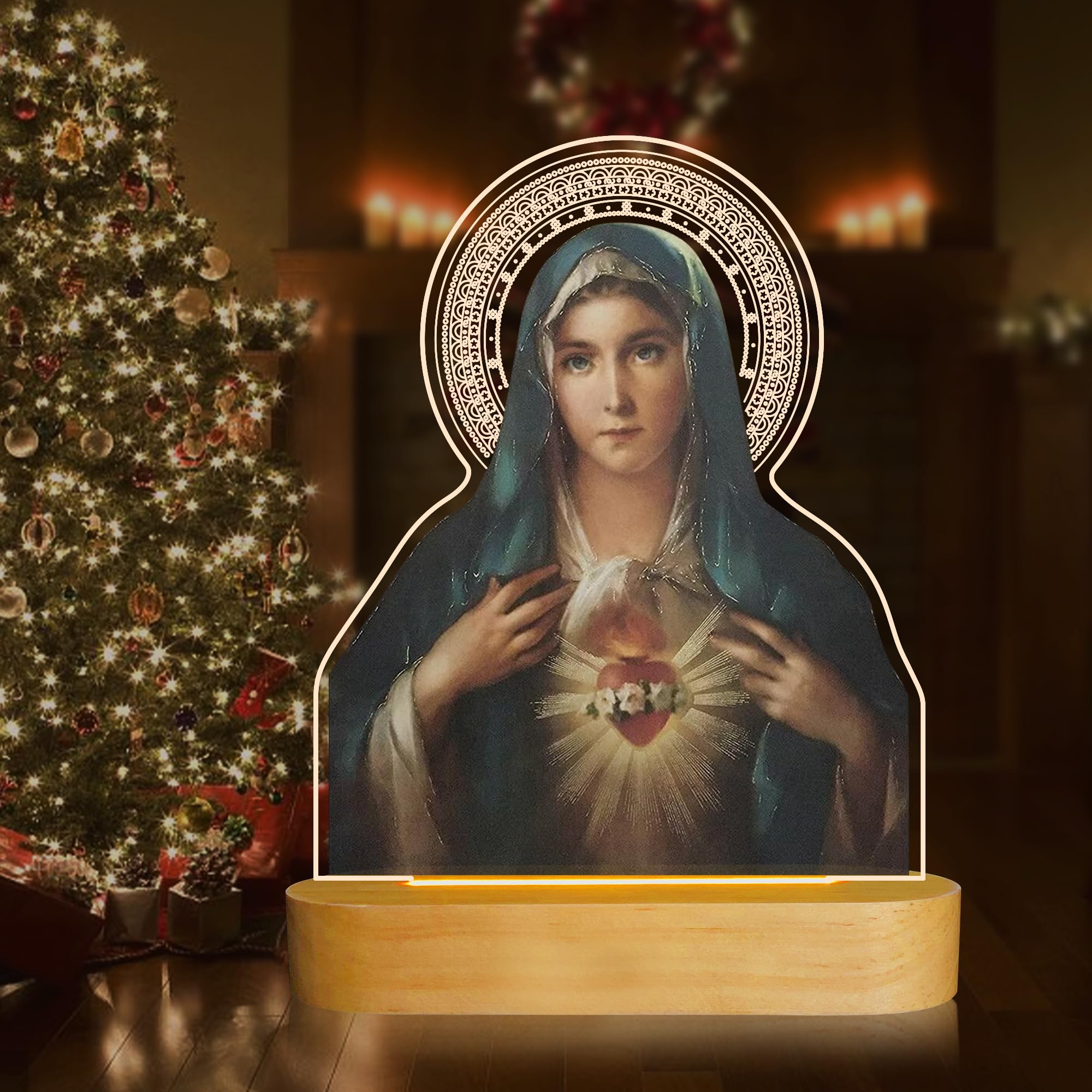 Immaculate Heart of Mary Catholic Gift with Warm Yellow Light & USB Cable for Home Decor, Prayer Birthday Gift for Mum, Women, Men, Friends, Seminarians, Priests, Students