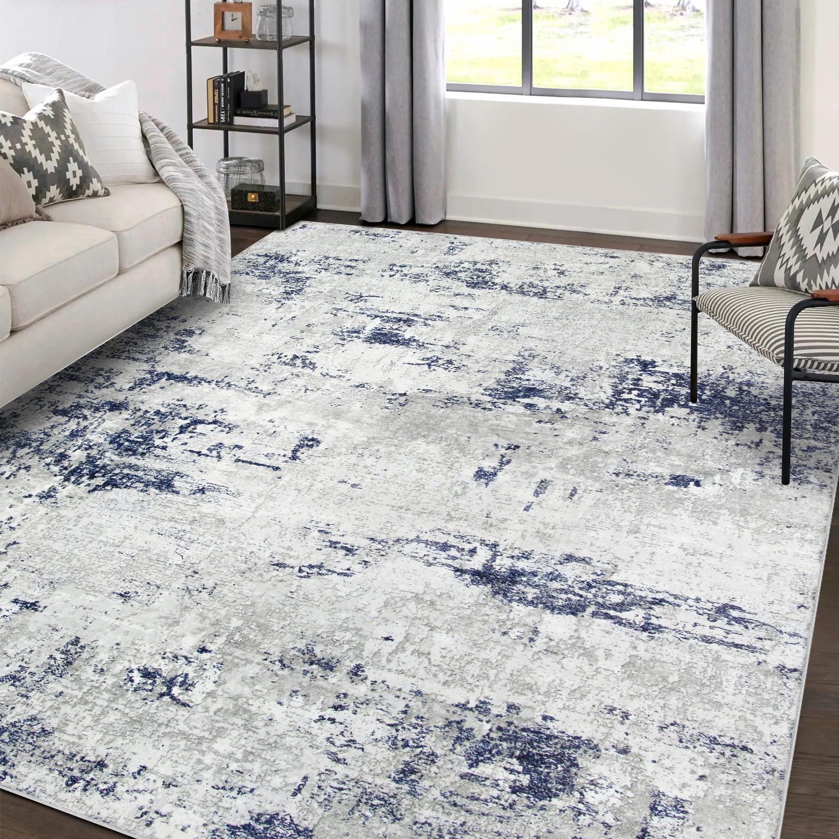 Area Rugs 9x12 Living Room: Large Modern Abstract Washable Rug Soft Indoor Anti Slip Carpet for Under Dining Table Bedroom Nursery Home Office Blue Grey