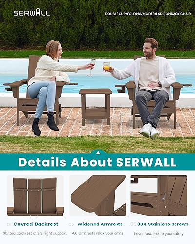 Miniatura 4 de SERWALL Juego de 2 sillas Adirondack modernas, sillas Adirondack plegables con portavasos, sillas Adirondack de HDPE para exteriores para todo tipo