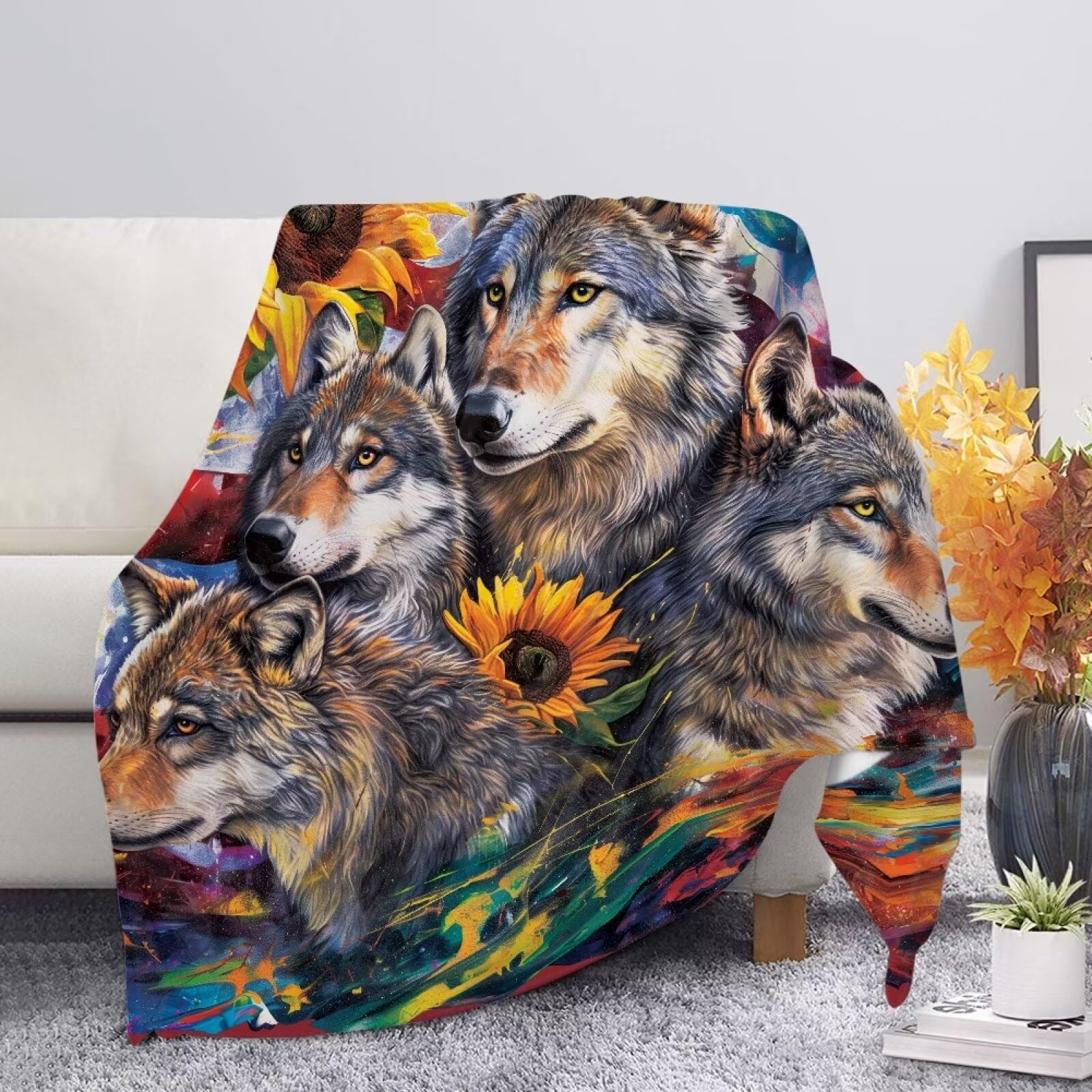 Allcute Wolf Throw Blanket for Couch Sofa Throws Fluffy Soft Winter Fall Blanket Home Decor Living Room Small Grey Throw Blankets