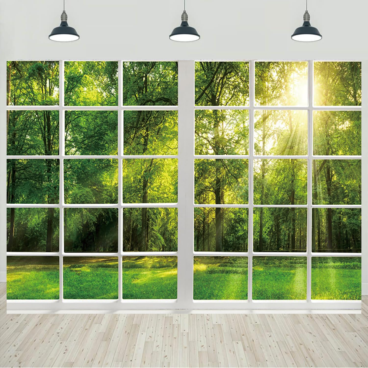 7x5ft Spring Window Scenery Backdrop Forest Green Trees Sunshine Natural Scenery Photography Background Spring Theme Decorations Kids Adults Portraits