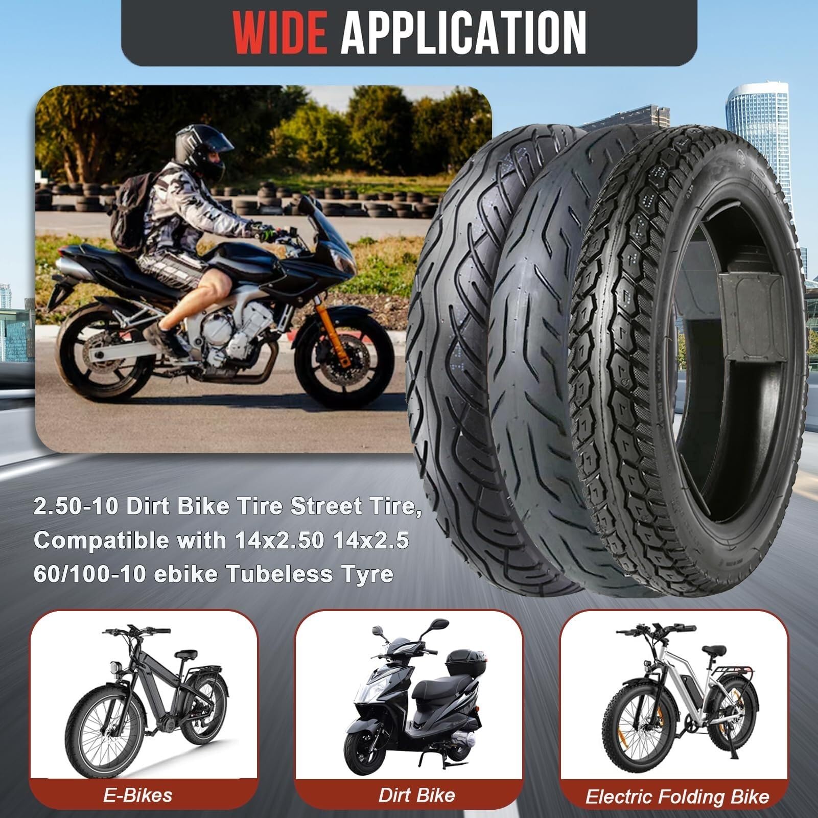 2.50-10 Opona Rowerowa bez Wewnętrznej Rury, Odporna na Przebicia i Samozamykająca się, Wytrzymała Gumy dla E-Roweru, Dirt Bike, Rower Miejski, Pasuje do 14x2.50/60/100-10, z Zaworem(B)