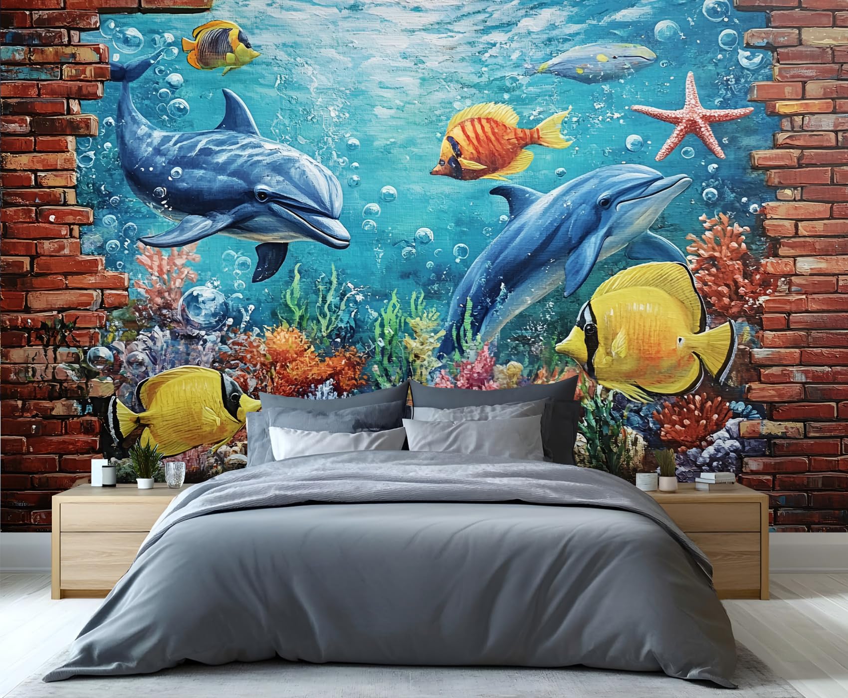 YXQAIED Dolphin Wallpaper, Red Brick Wall Bedroom Wall Paper, Not Self Adhesive Underwater World Wallpaper for Living Room, Marine Life Apartment Wall Murals & Room Decor, 400x280cm — image 1
