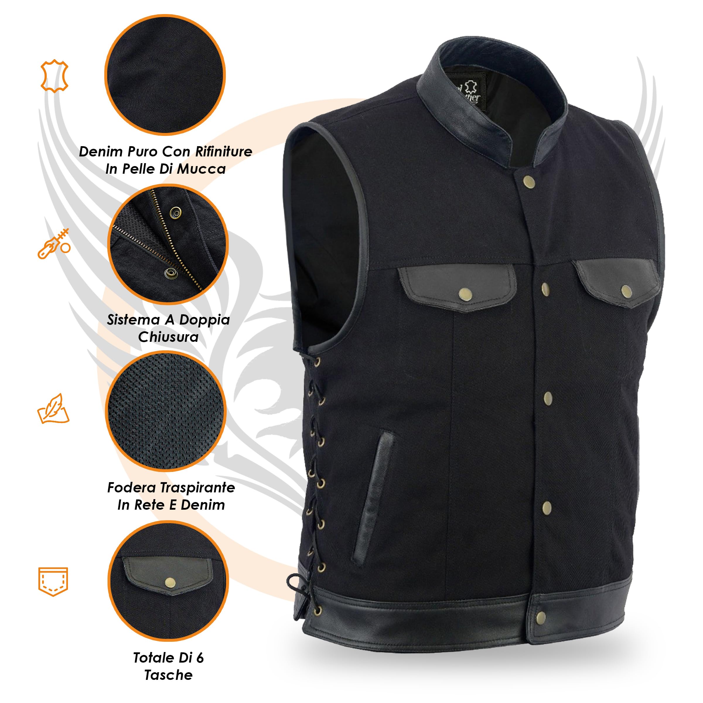 Leatherick Gilet da uomo in pelle e denim stile motociclista con tasche profonde