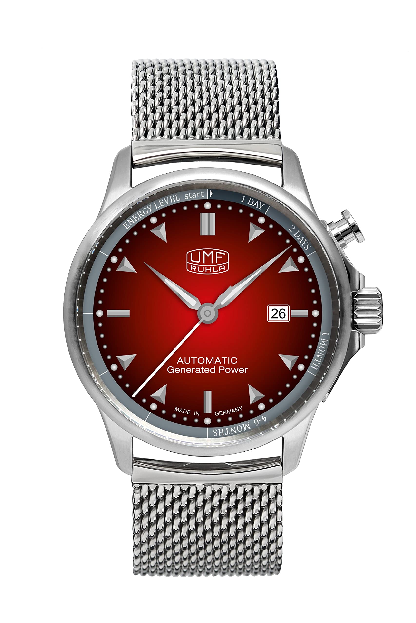 UMF RUHLA Autokinetic 1062M-5 watch with red dial and Milanese band