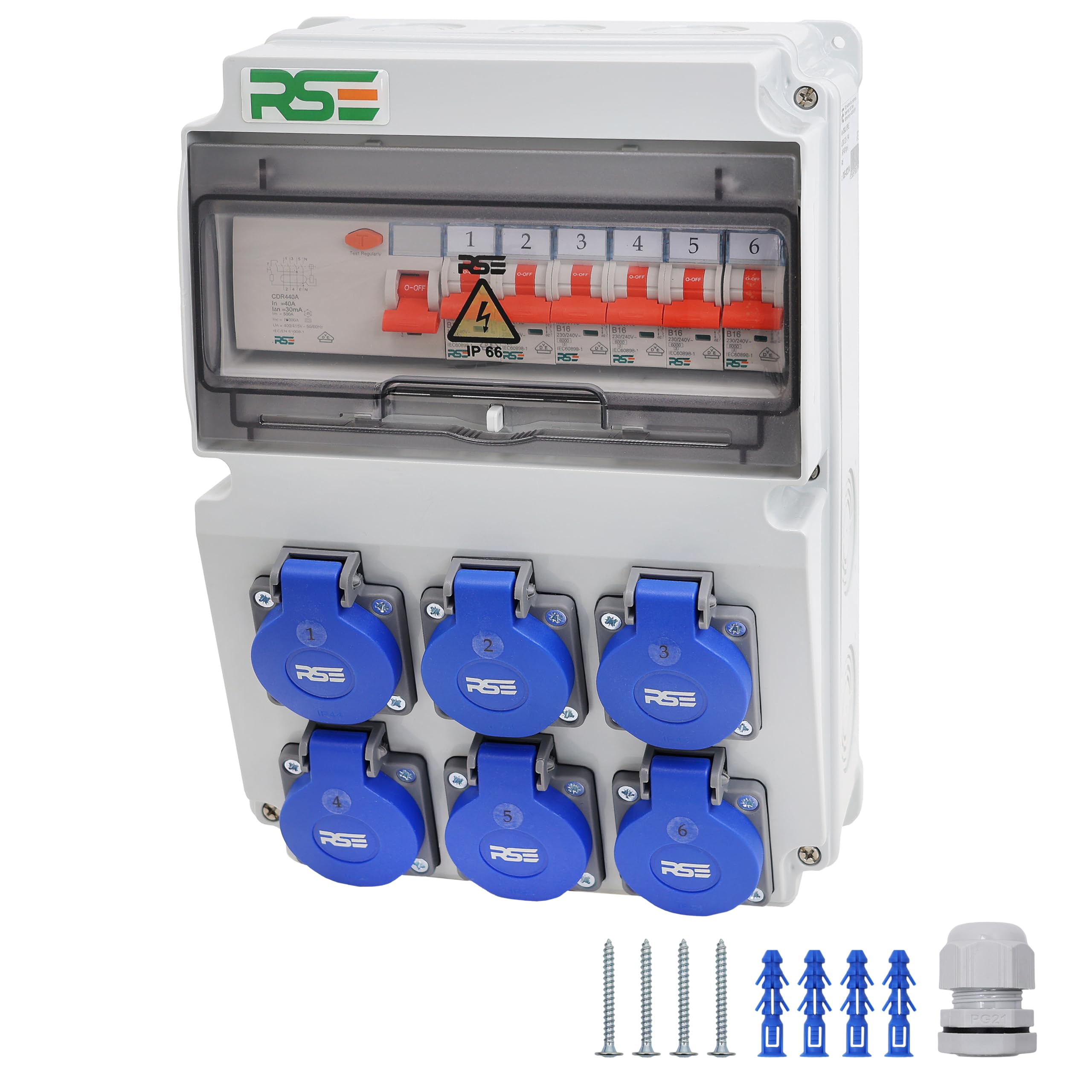 RSE Rozdzielacz prądu budowlanego rozdzielnica ścienna w pełni okablowany 230 V Schuko z licznikiem do wyboru IP65, 11. 6 x 230 V z LS + FI 3P